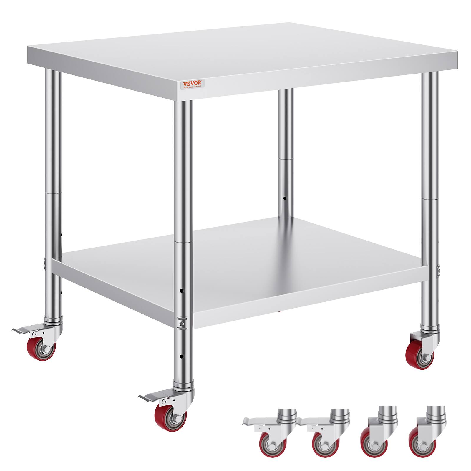 Front. VEVOR - Stainless Steel Work Table 36 x 30 x 34 Inch, 700 LBS Load Capacity with 4 Wheels - Sliver.