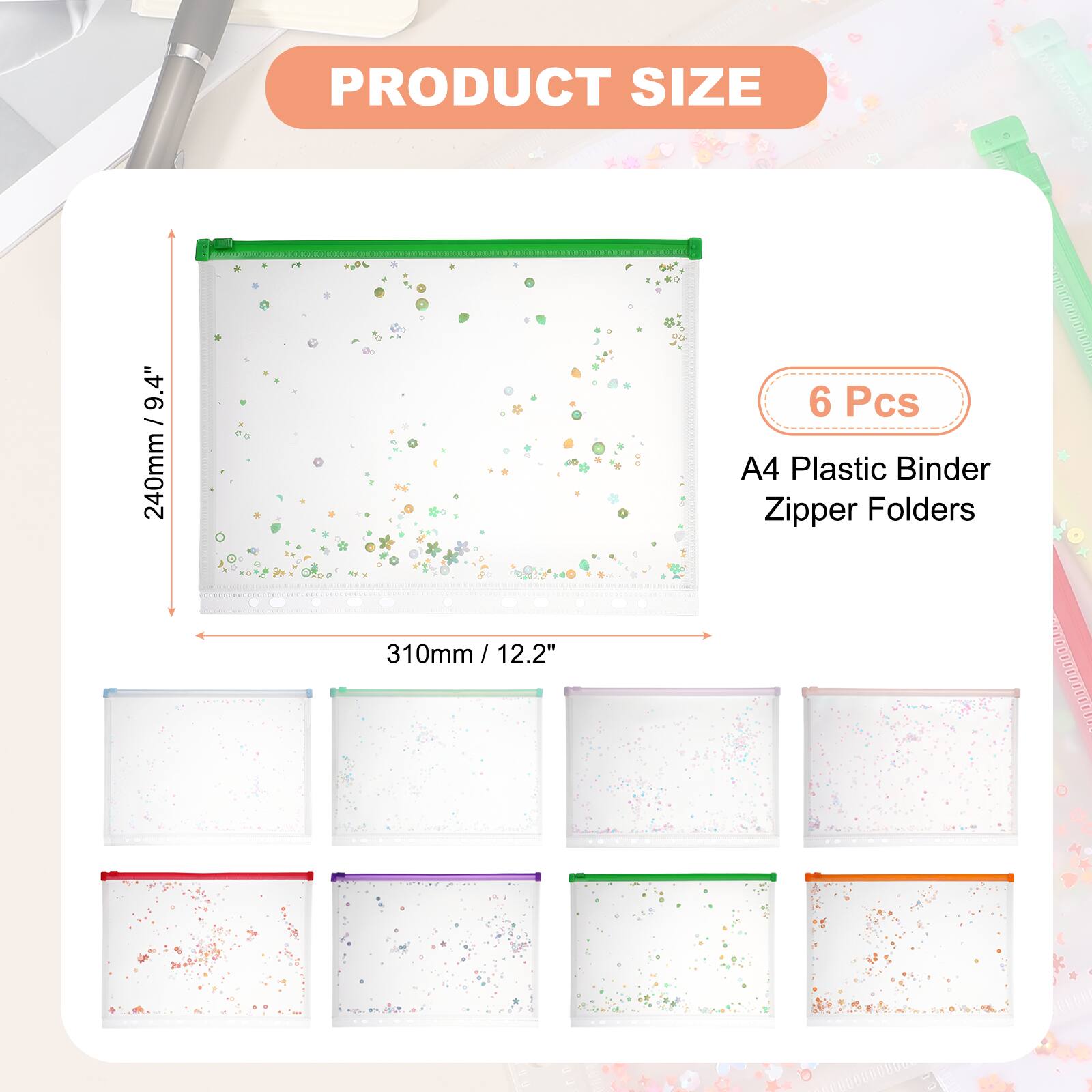 PRODUCT SIZE 9.4" 9 / 240mm 6 Pcs A4 Plastic Binder Zipper Folders 310mm / 12.2"