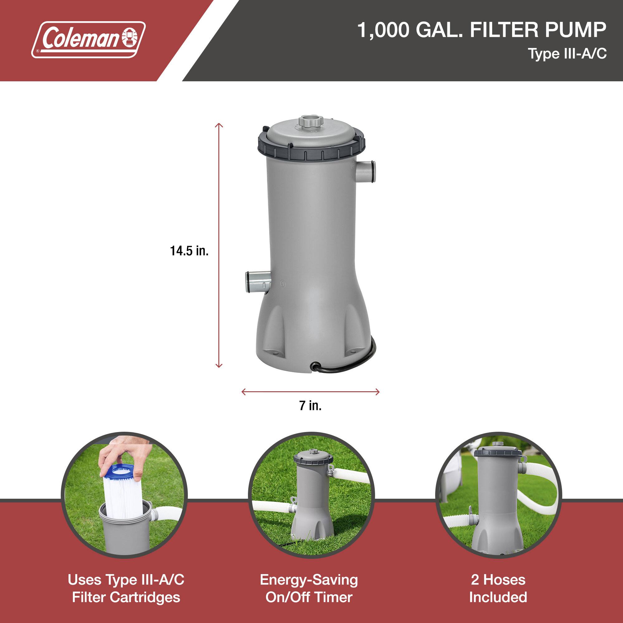 Coleman  
1,000 GAL. FILTER PUMP  
Type III-A/C  

14.5 in.  
7 in.  

Uses Type III-A/C Filter Cartridges  
Energy-Saving On/Off Timer  
2 Hoses Included
