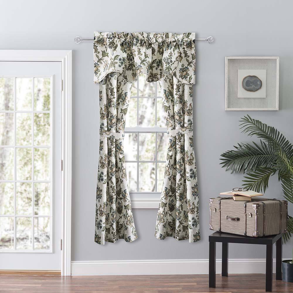 Angle. Ellis Curtain - Ellis Curtain Madison Floral Design Printed Natural Ground 3" Rod Pocket Lined Scallop Valance 58" x 15" Blue - Blue.
