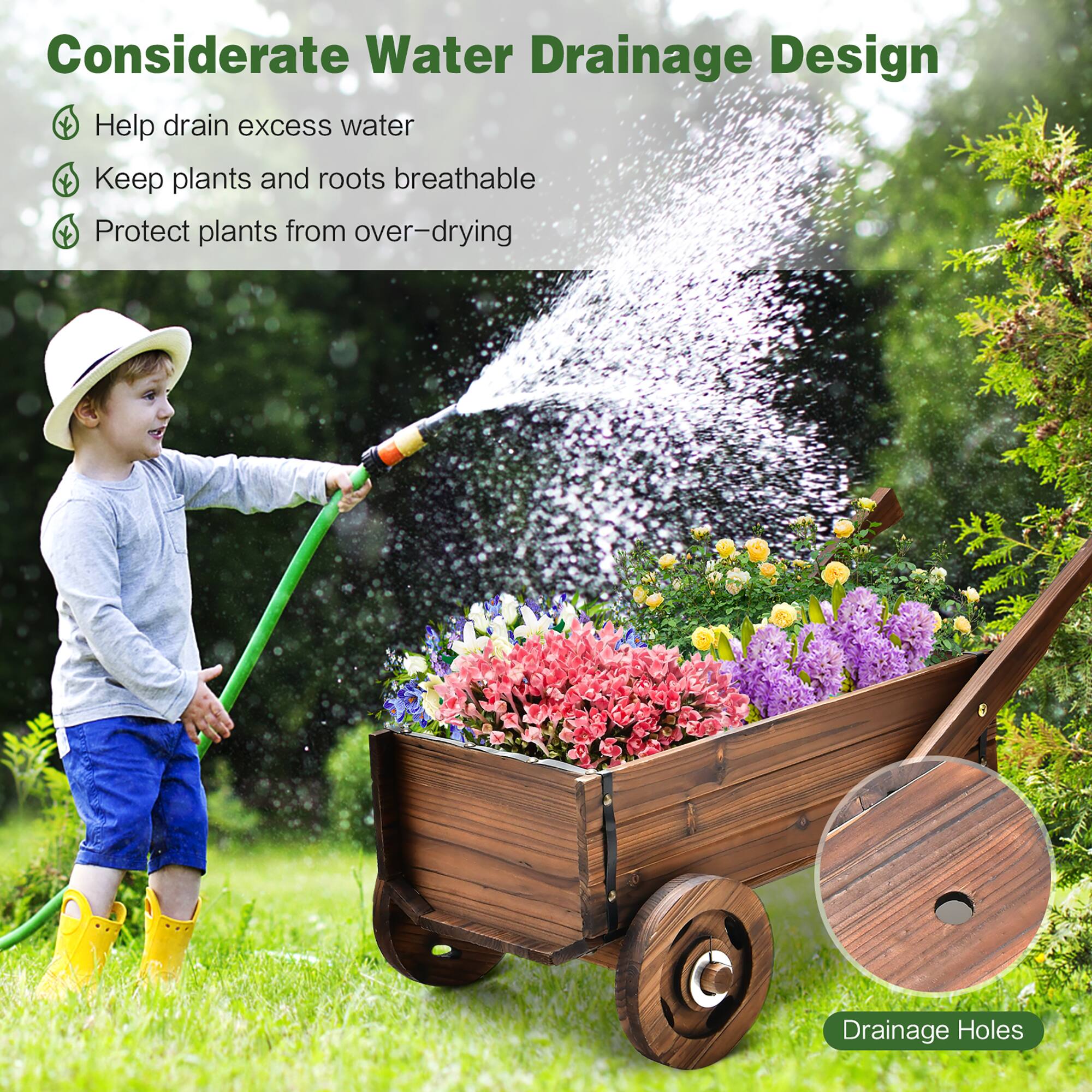 Considerate Water Drainage Design: Help drain excess water, keep plants and roots breathable, and protect plants from over-drying. Drainage Holes.