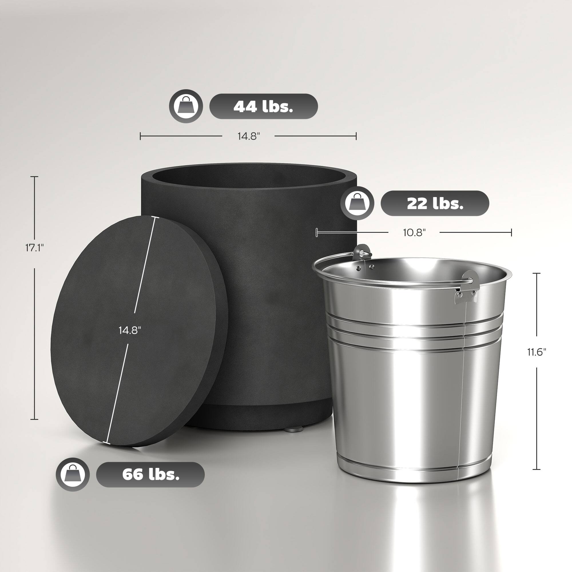44 lbs. 14.8" 22 lbs. 10.8" 14.8" 11.6" 66 lbs.
