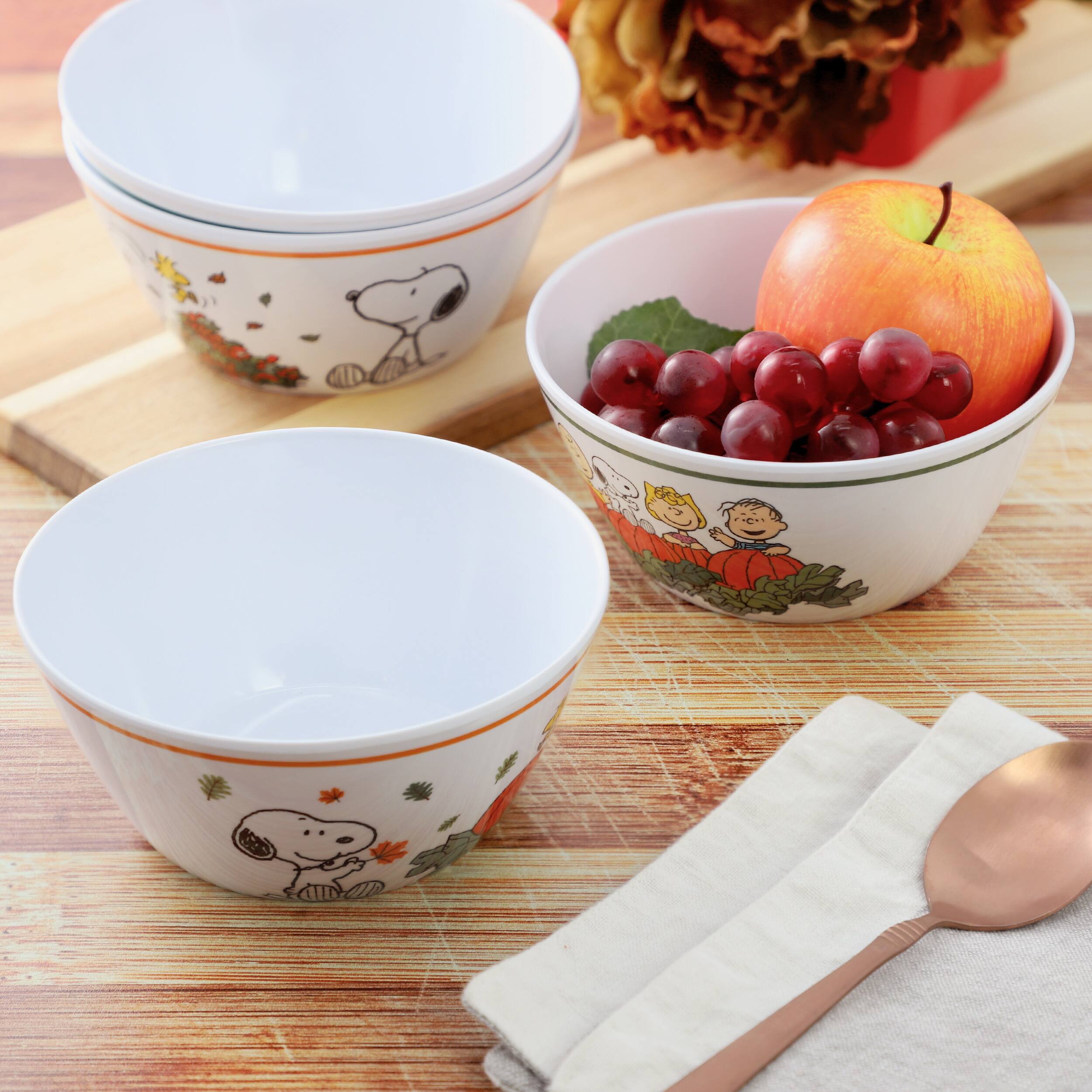Alt View 4. Peanuts - Peanuts Happy Fall 4 Piece 5.8 Inch Round Melamine Cereal Bowl Set in Assorted Designs - White.