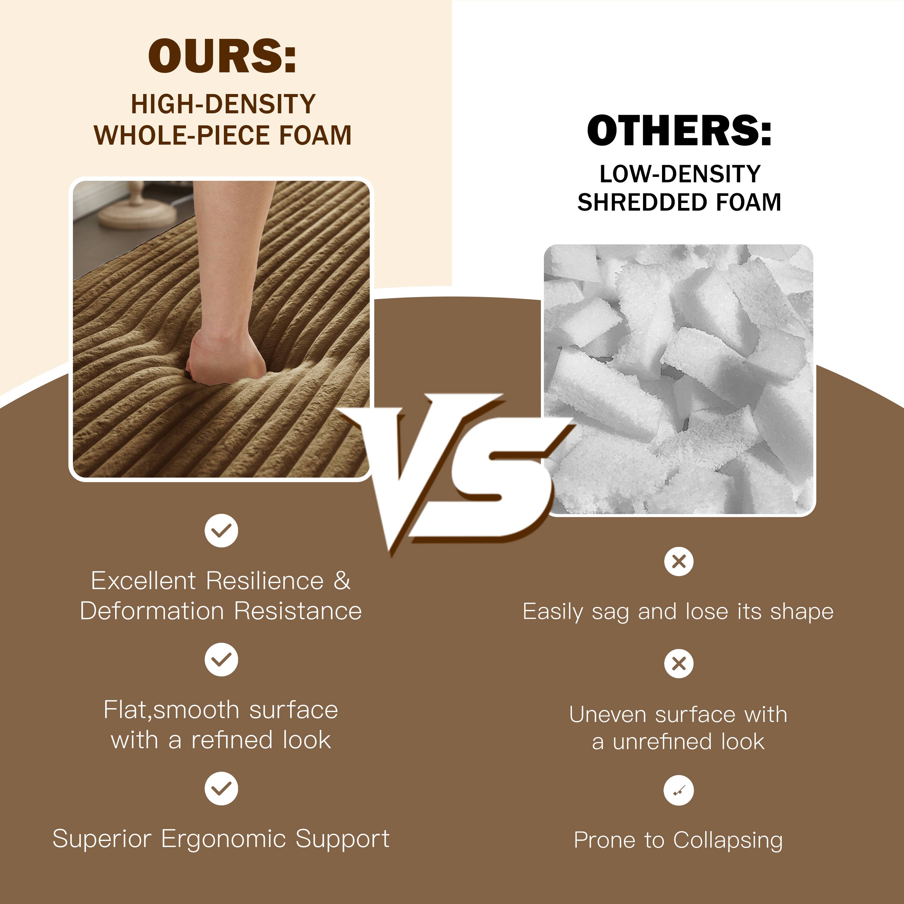 **OURS:**
- HIGH-DENSITY WHOLE-PIECE FOAM
  - Excellent Resilience & Deformation Resistance
  - Flat, smooth surface with a refined look
  - Superior Ergonomic Support

**OTHERS:**
- LOW-DENSITY SHREDDED FOAM
  - Easily sag and lose its shape
  - Uneven surface with an unrefined look
  - Prone to Collapsing