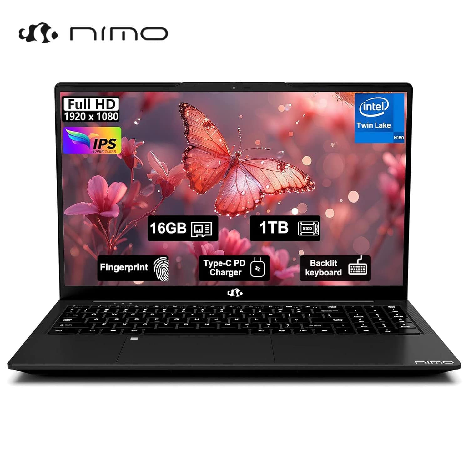 NIMO - 15.6" FHD IPS Student Laptop 16GB RAM 1TB SSD, 4 Cores 13th Gen Intel N150 3.6GHz Fingerprint Wi-Fi 6 - Black