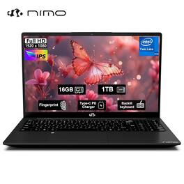 NIMO - 15.6" FHD IPS Student Laptop 16GB RAM 1TB SSD, 4 Cores 13th Gen Intel N150 3.6GHz Fingerprint Wi-Fi 6 - Black