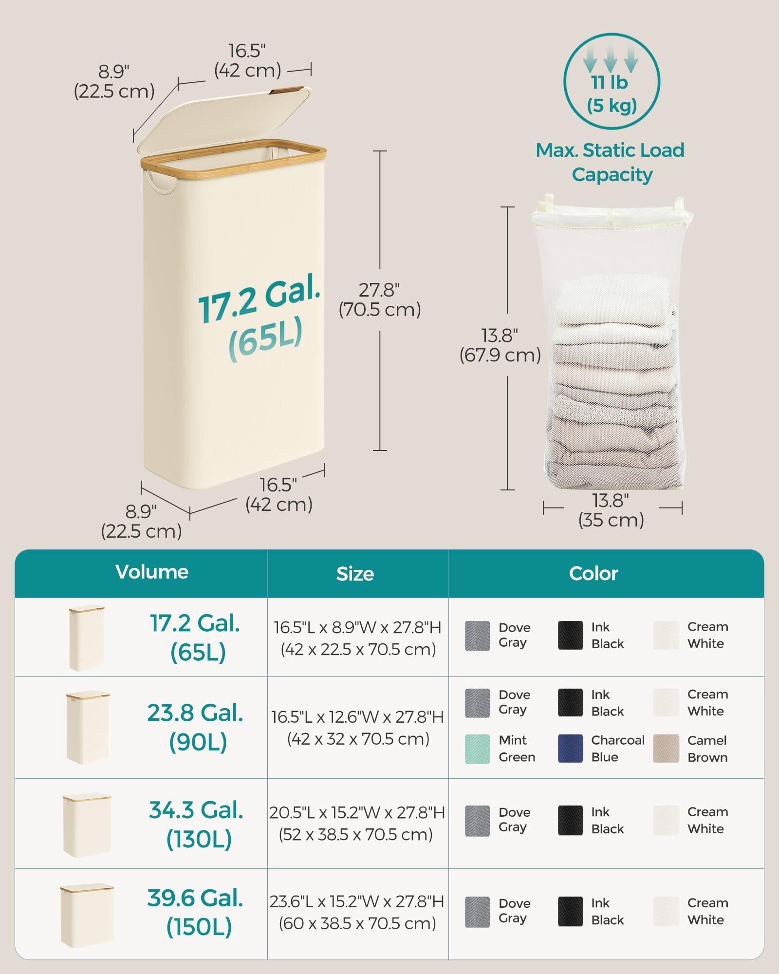 Sure, here is the corrected and grouped text:

---

**Dimensions:**

- **17.2 Gal. (65L):**  
  - 16.5" L x 8.9" W x 27.8" H (42 cm x 22.5 cm x 70.5 cm)  
  - 8.9" (22.5 cm)  
  - 16.5" (42 cm)  
  - 27.8" (70.5 cm)  
  - 13.8" (67.9 cm)  
  - 13.8" (35 cm)  

- **23.8 Gal. (90L):**  
  - 16.5" L x 12.6" W x 27.8" H (42 cm x 32 cm x 70.5 cm)  

- **34.3 Gal. (130L):**  
  - 20.5" L x 15.2" W x 27.8" H (52 cm x 38