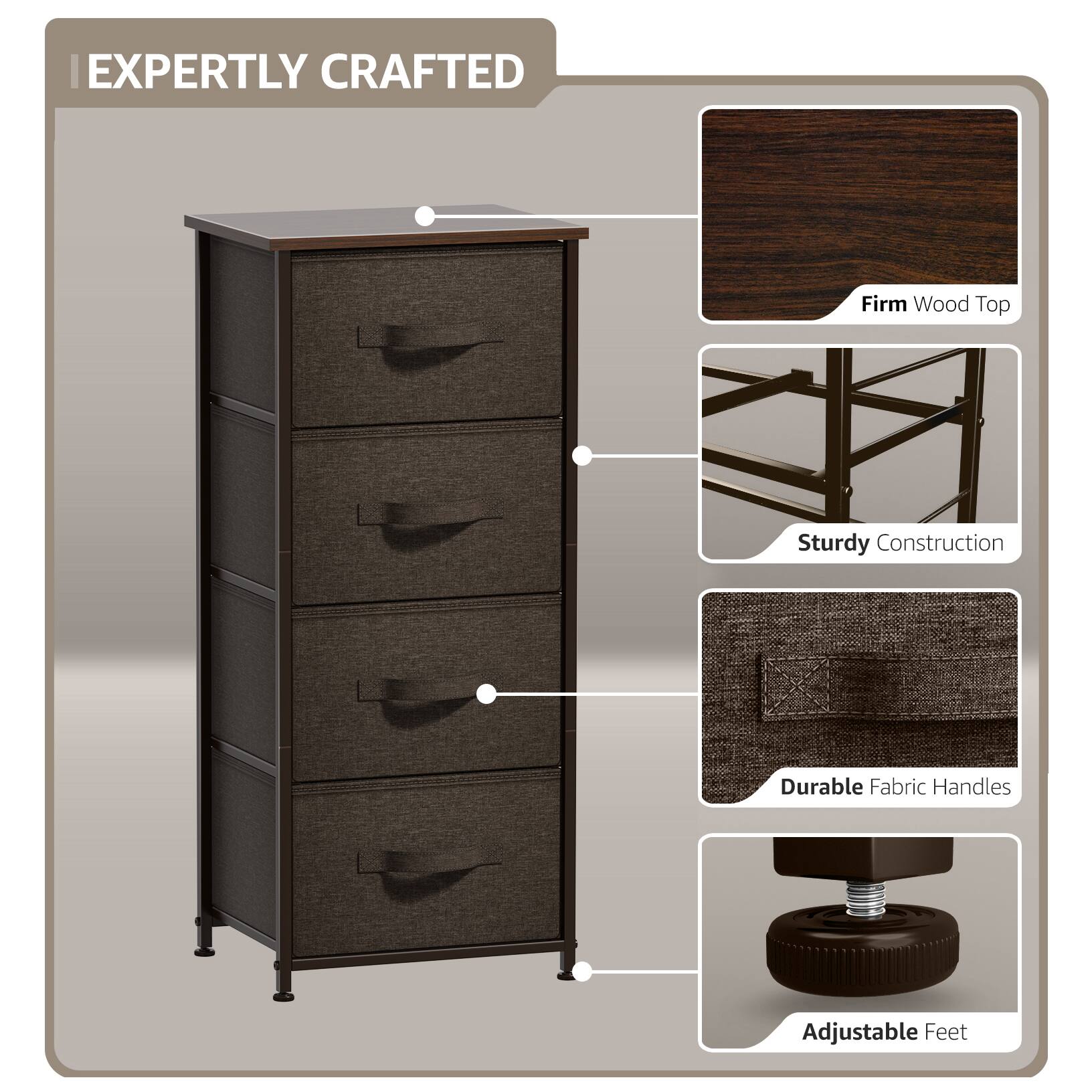 EXPERTLY CRAFTED

- Firm Wood Top
- Sturdy Construction
- Durable Fabric Handles
- Adjustable Feet
