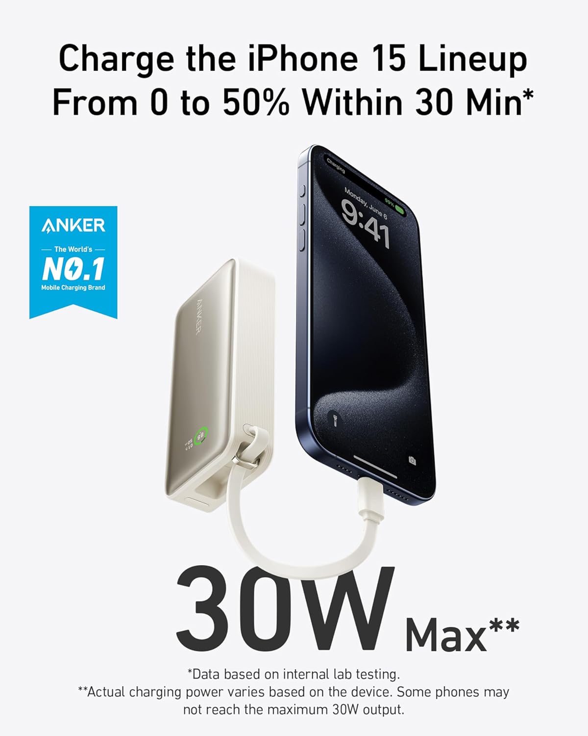 Charge the iPhone 15 Lineup From 0 to 50% Within 30 Min*

ANKER
The World's NO.1 Mobile Charging Brand

30W Max**

*Data based on internal lab testing.
**Actual charging power varies based on the device. Some phones may not reach the maximum 30W output.
