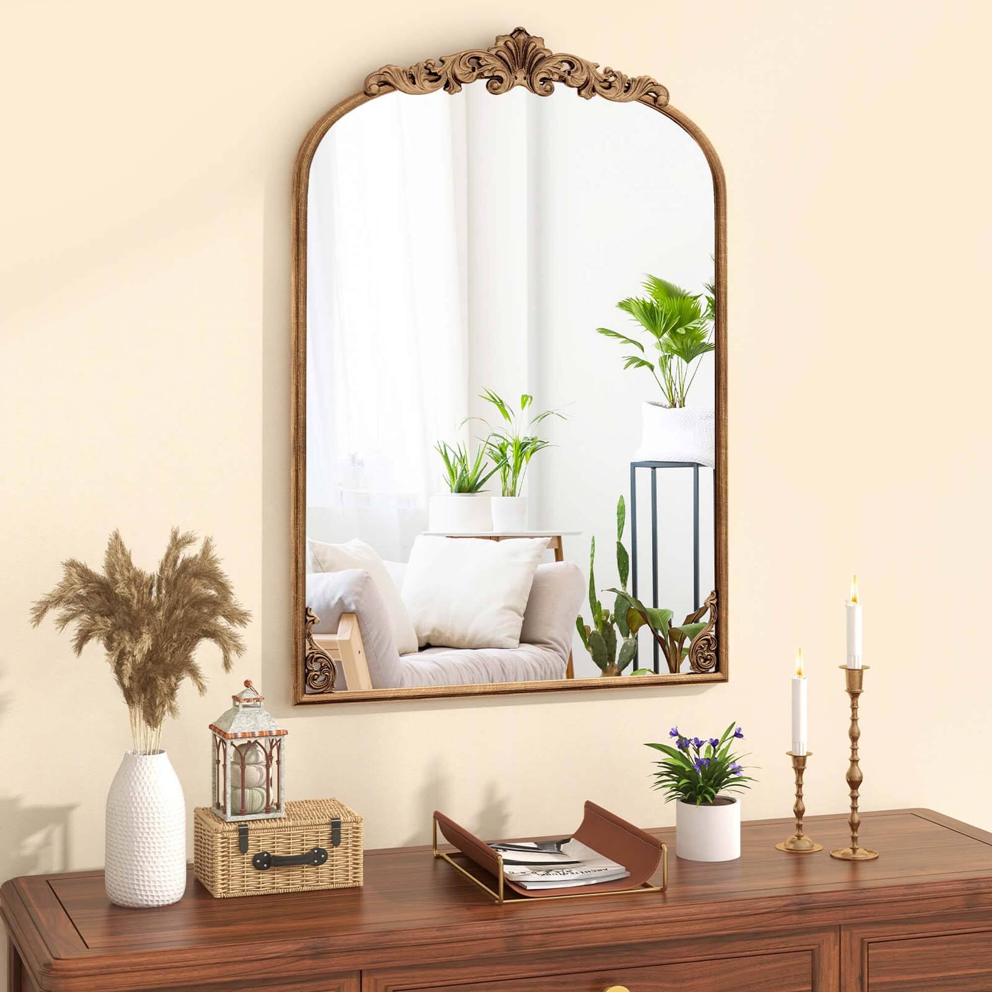 Alt View 3. Costway - Costway 38" x 26" Gold Traditional Vintage Ornate Baroque Arched Mirror for Wall with Metal Frame - Gold.
