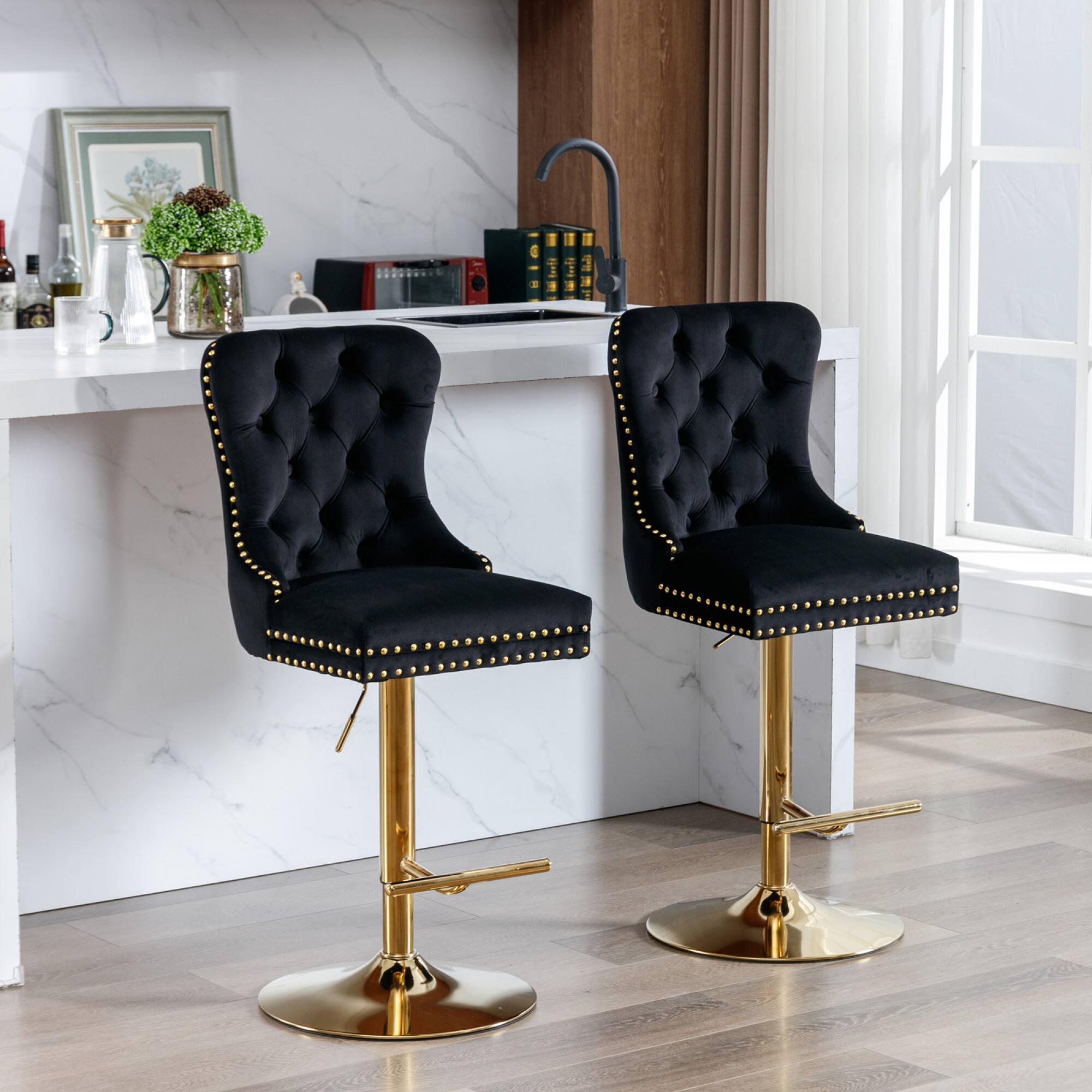 GOODSILO - Luxury Swivel Velvet Barstools with Adjustable Height and Tufted Backrest for Home Kitchen and Pub - Black