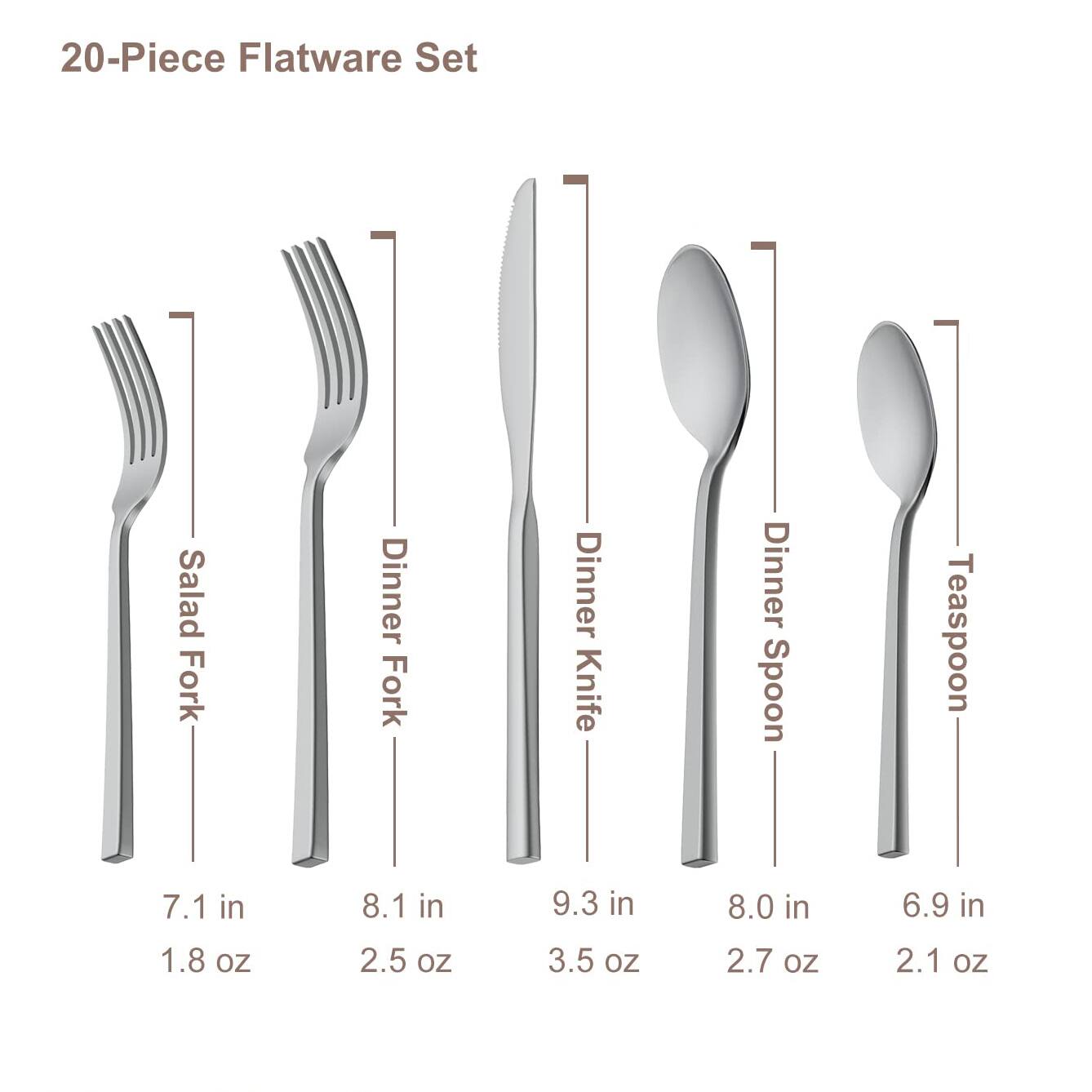 20-Piece Flatware Set

- Salad Fork: 7.1 in, 1.8 oz
- Dinner Fork: 8.1 in, 2.5 oz
- Dinner Knife: 9.3 in, 3.5 oz
- Dinner Spoon: 8.0 in, 2.7 oz
- Teaspoon: 6.9 in, 2.1 oz