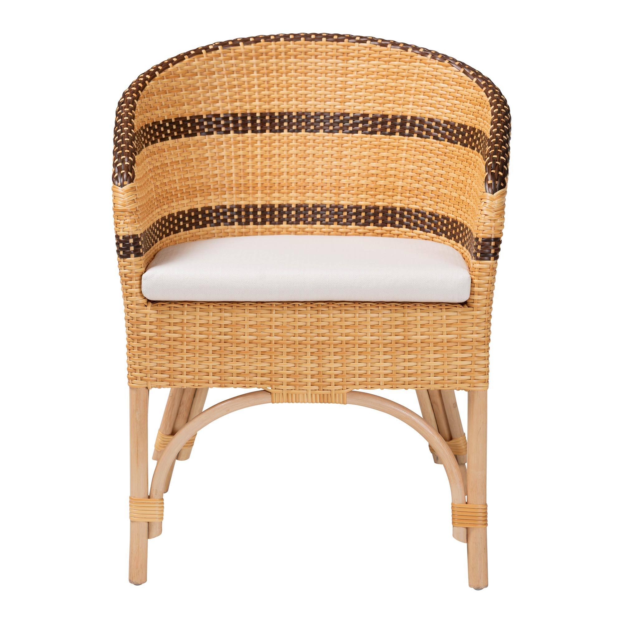 Angle. bali & pari - Elma Rattan Dining Chair with Cushion - Barrel-Back Accent Chair with Synthetic Woven and Natural Rattan Frame - Natural Brown/Dark Brown.