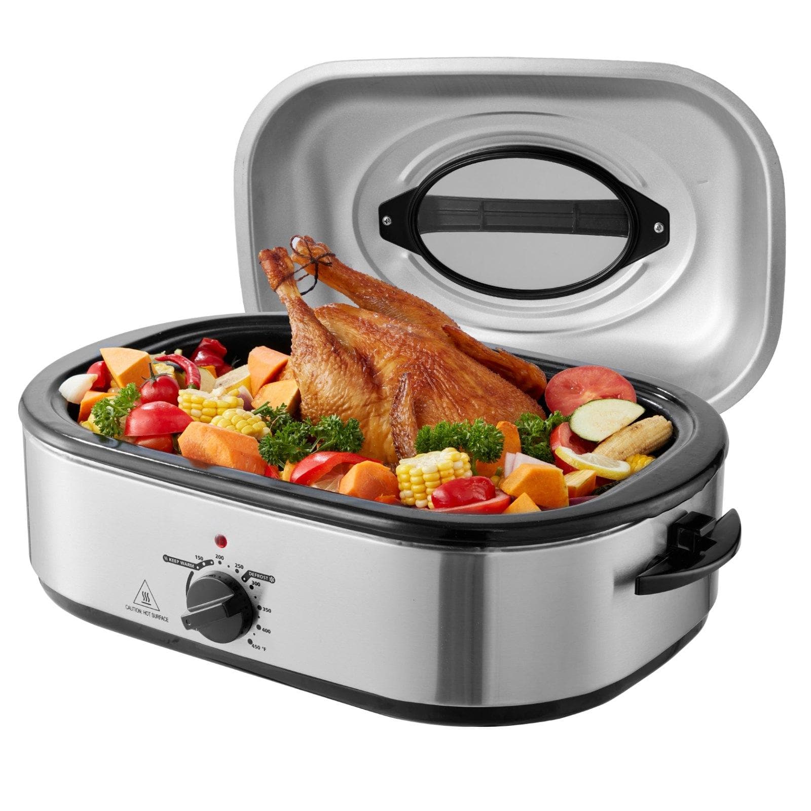 Glintex - 22QT Electric Roaster Oven Turkey Roaster 1450W with Self-Basting Lid Adjustable Temp Removable Pan - Silver