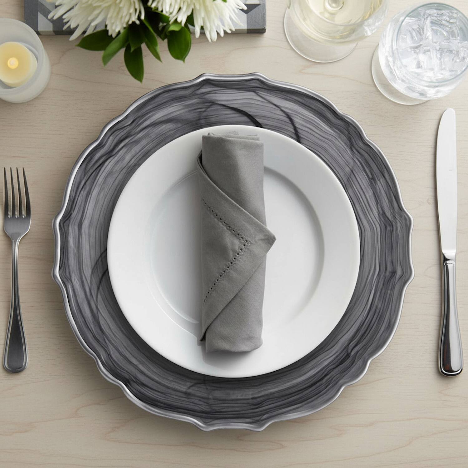 Angle. American Atelier - Alabaster Scallop Black Charger Plate with Silver Rim by American Atelier - Black.