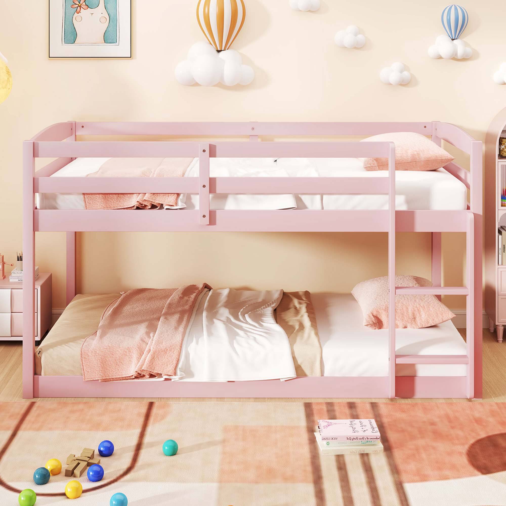 Back. Costway - Costway Twin over Twin Low Bunk Bed with Guardrails Integrated Ladder Kids Wooden White Pink - Pink.