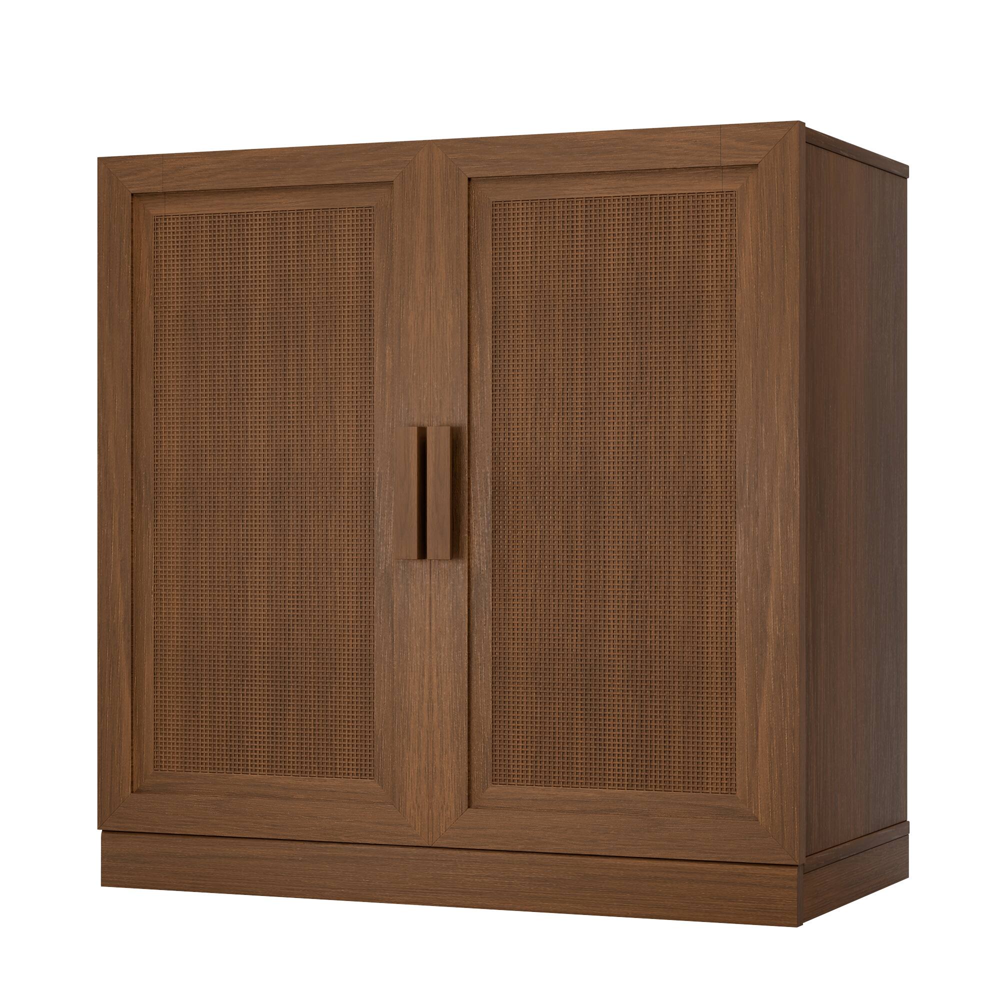 Left. PexFix - Farmhouse Buffet Sideboard, 31" W Solid Oak Accent Cabinet with Scratch-Proof, Woven Doors and 2 Adjustable Shelves - Light Walnut.