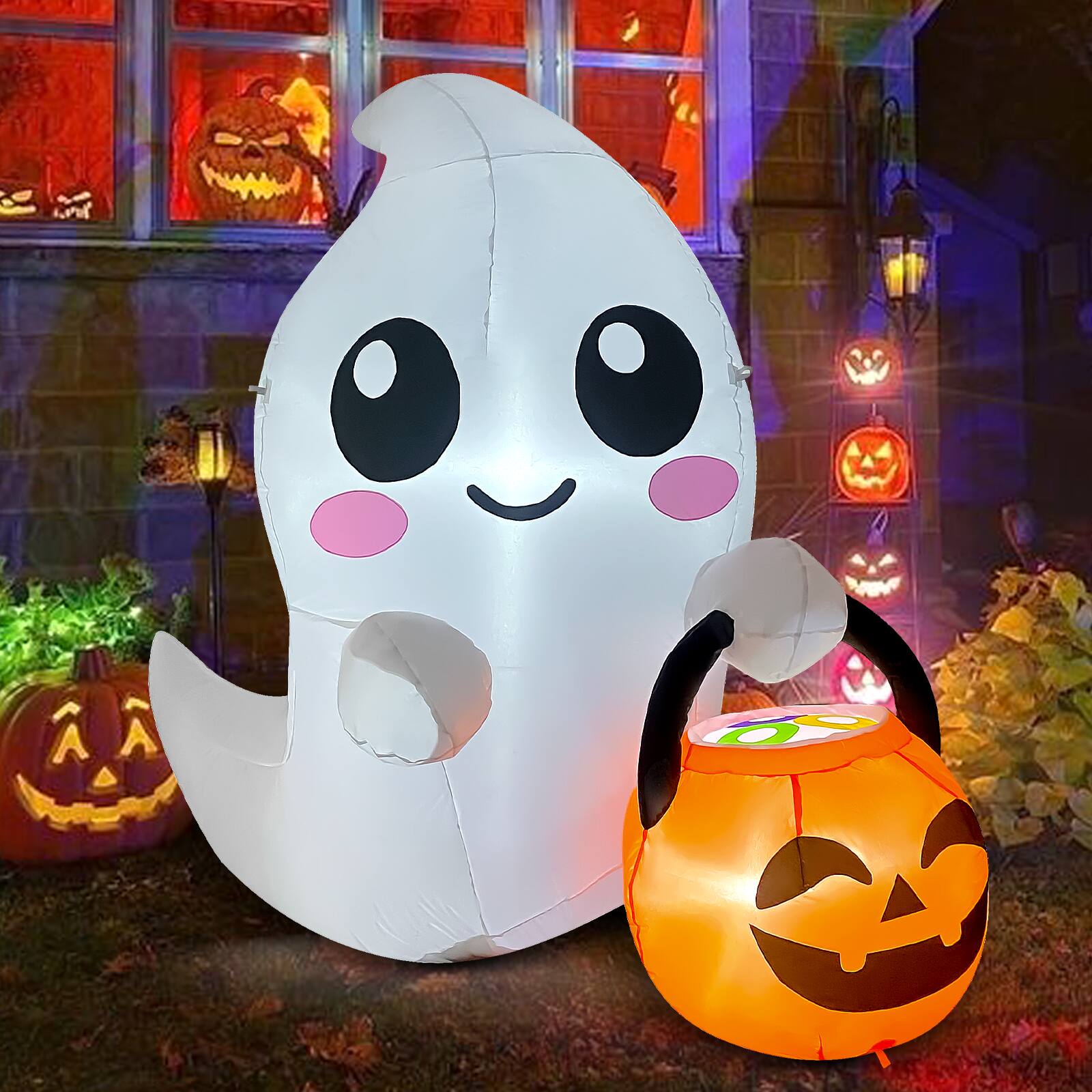 Left. GOOSH Inflatables - GOOSH 5FT Inflatable Cute Ghost with Pumpkin Bucket – Light-Up Halloween Yard Decoration - White.