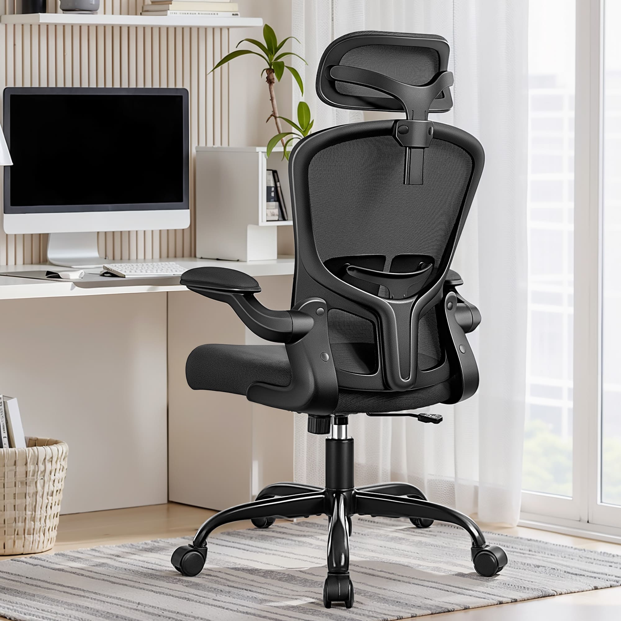 Front. Brick Attic - High-Back Office Chair with Headrest, Adjustable Lumbar Support and Wheels, Computer Chair with Reversible Rrmrests - Black.