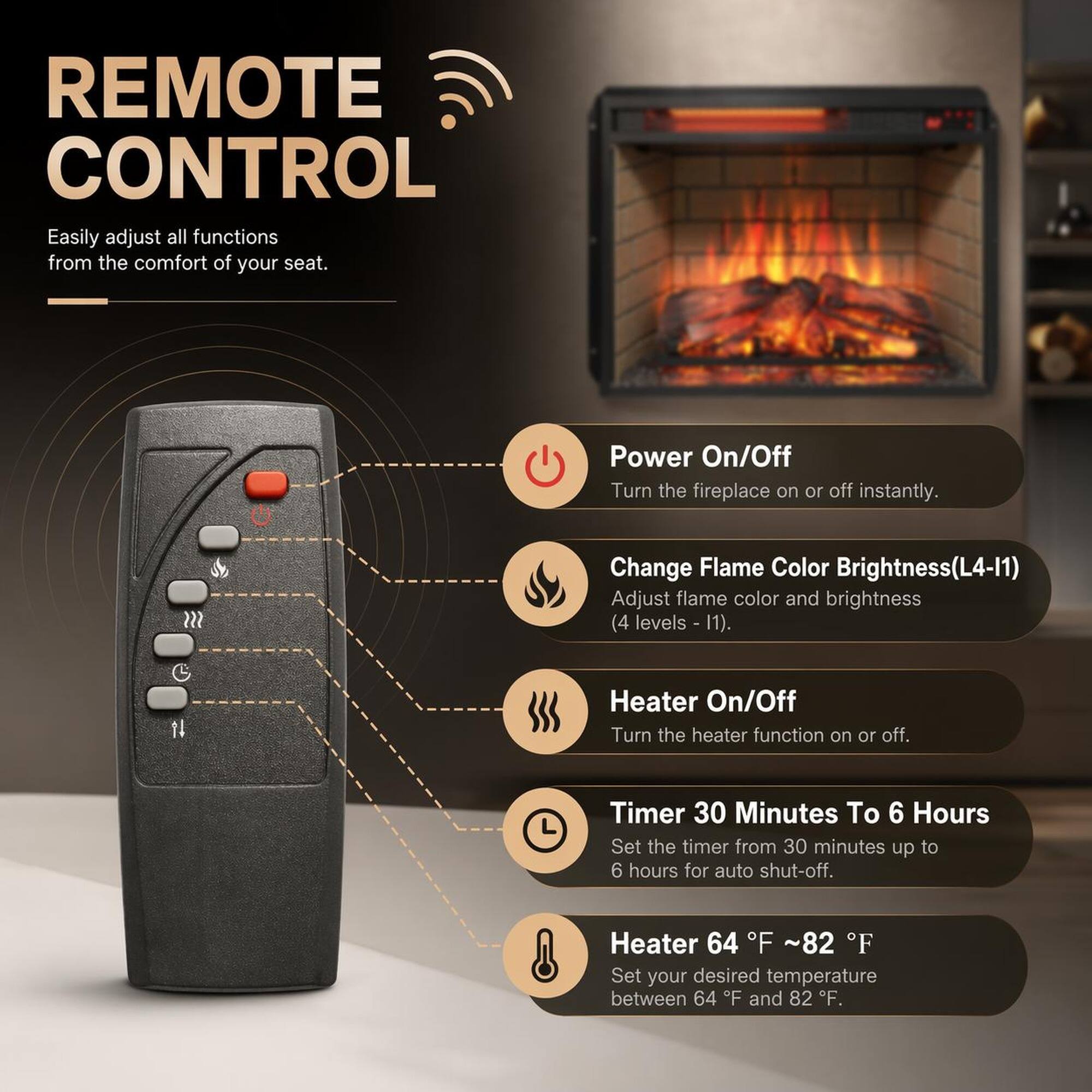 REMOTE CONTROL

Easily adjust all functions from the comfort of your seat.

- Power On/Off
  - Turn the fireplace on or off instantly.

- Change Flame Color Brightness (L4-11)
  - Adjust flame color and brightness (4 levels - 11).

- Heater On/Off
  - Turn the heater function on or off.

- Timer 30 Minutes To 6 Hours
  - Set the timer from 30 minutes up to 6 hours for auto shut-off.

- Heater 64°F ~ 82°F
  - Set your desired temperature between 64°F and 82°F.