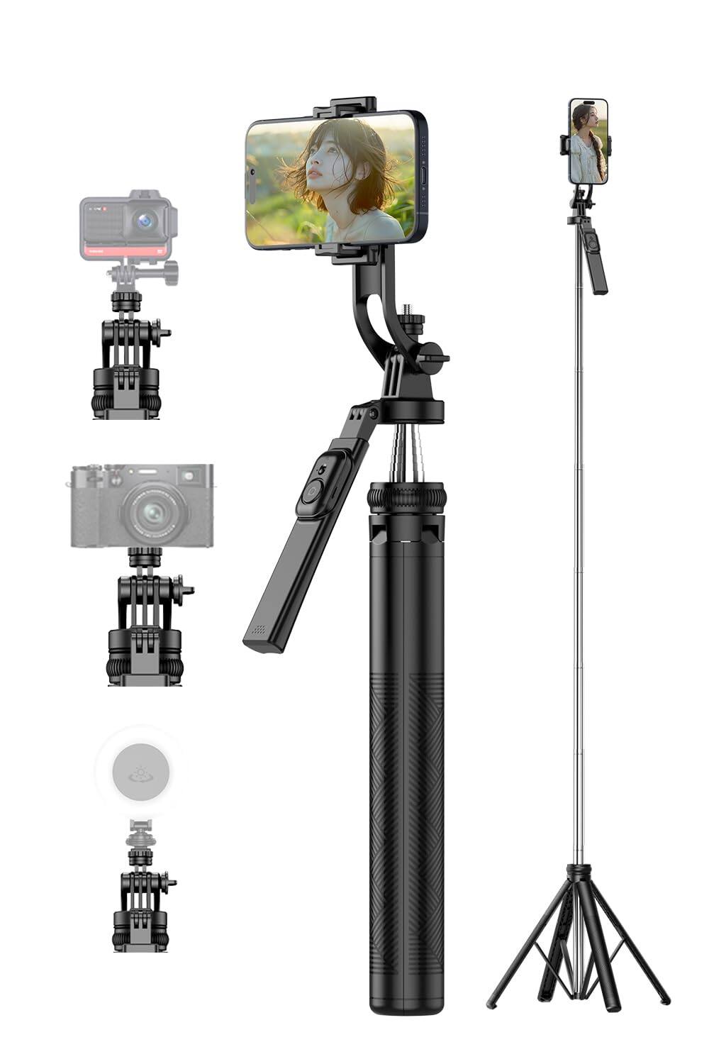 Front. PO3TICJUNKI3 - Selfie Stick Phone Tripod 71  Stand 360 Rotation With Detachable Holder   Wireless Remote Compatible All Cell - C19.