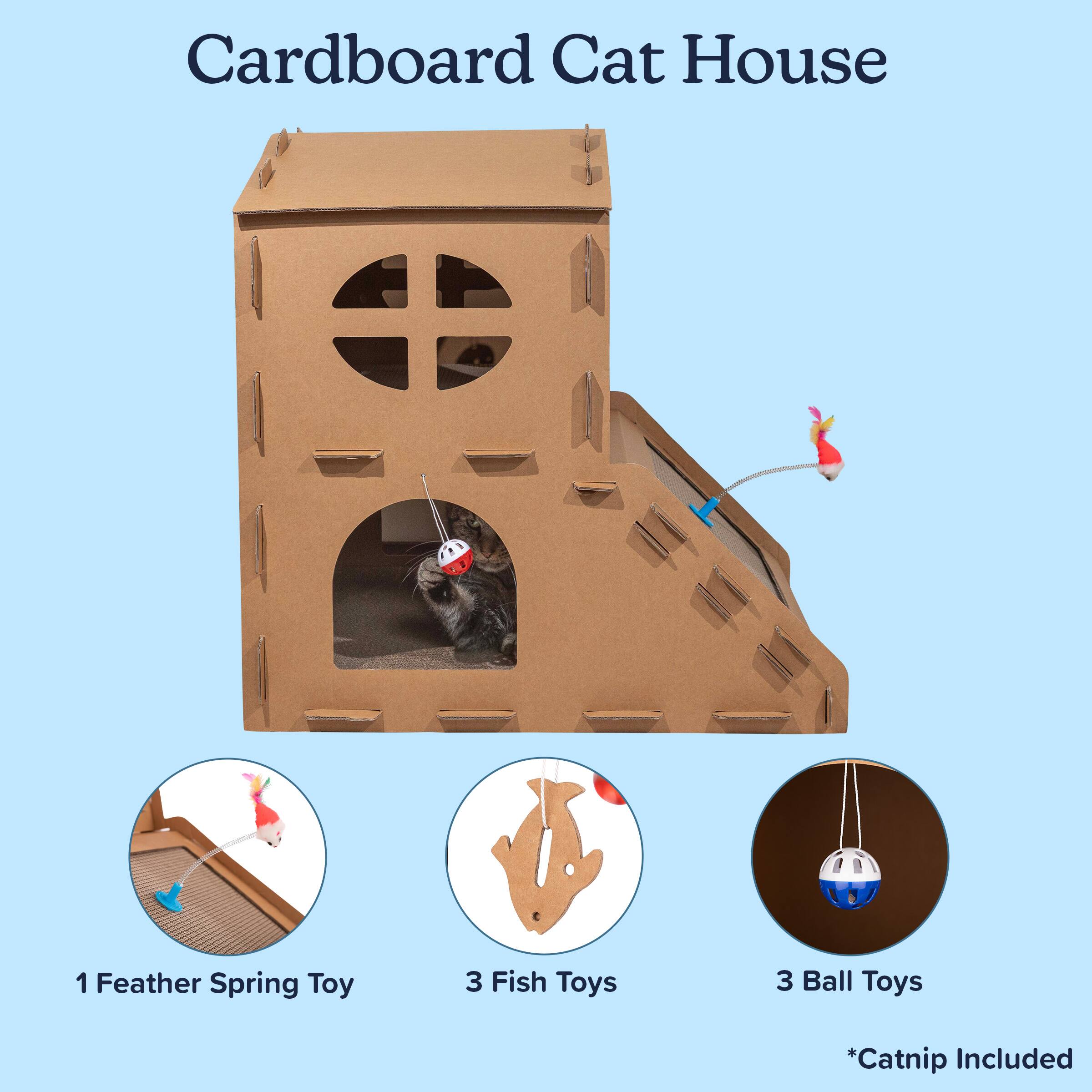 Cardboard Cat House

1 Feather Spring Toy  
3 Fish Toys  
3 Ball Toys  
*Catnip Included