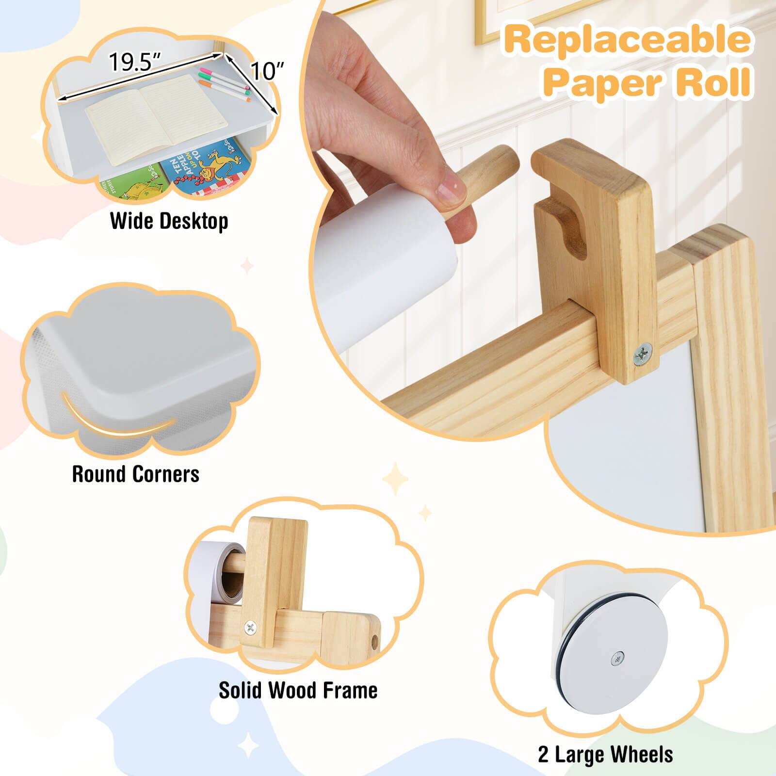 - 19.5" x 10" Wide Desktop
- Round Corners
- Solid Wood Frame
- Replaceable Paper Roll
- 2 Large Wheels