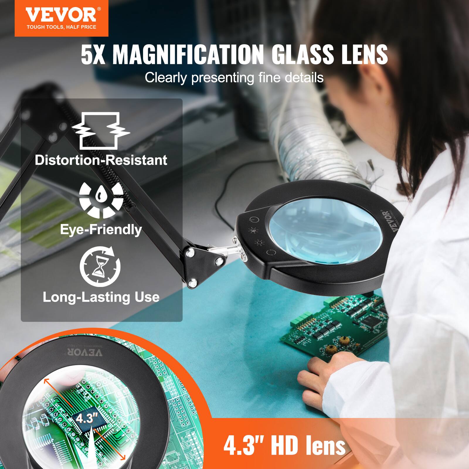 VEVOR  
TOUGH TOOLS, HALF PRICE  

5X MAGNIFICATION GLASS LENS  
Clearly presenting fine details  

- Distortion-Resistant  
- Eye-Friendly  
- Long-Lasting Use  

4.3" HD lens