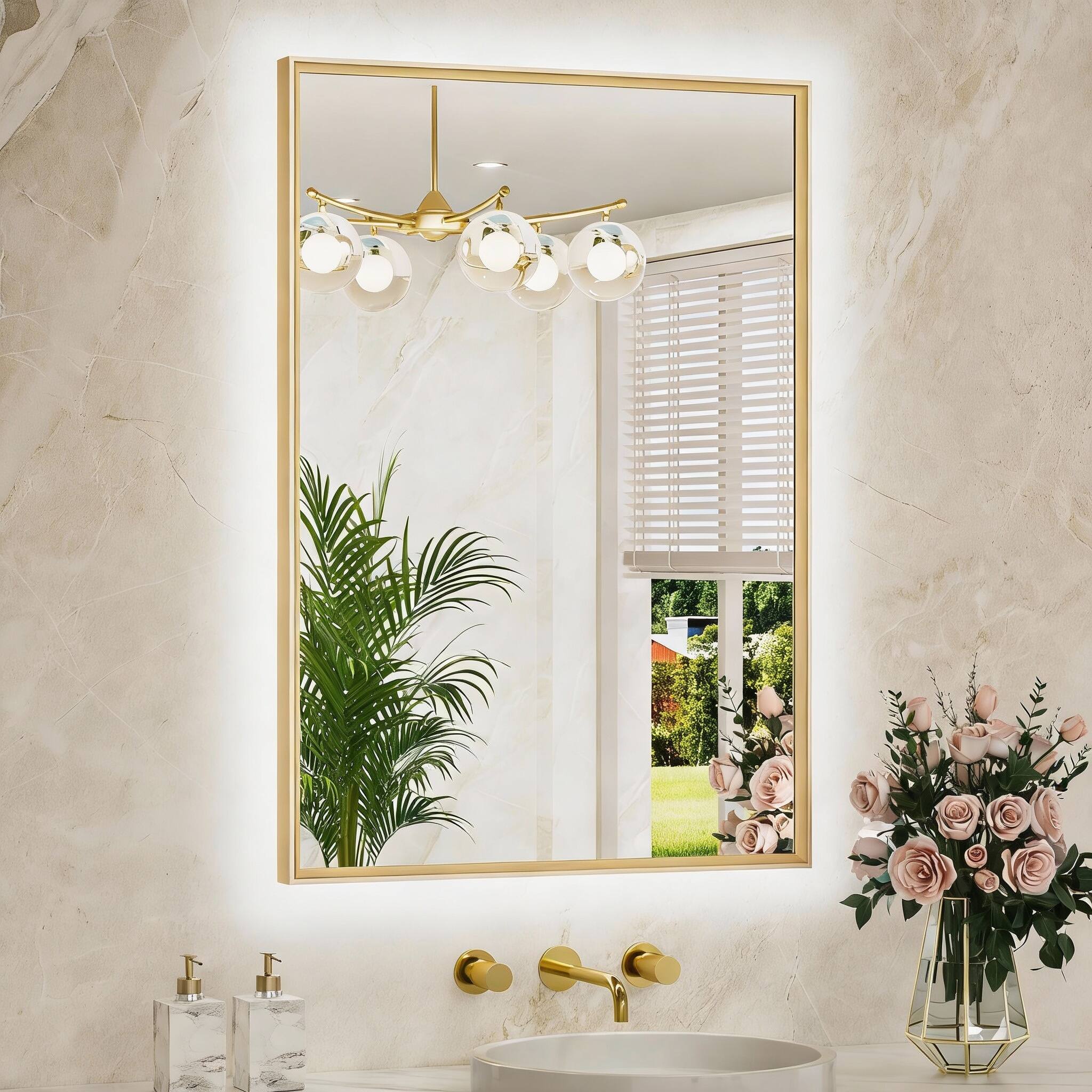 Front. METALTON - Backlit Bathroom Mirror Brushed Metal Frame Led Light Vanity color warm natural Stepless Dimmable Anti fog - Brushed Gold 36"L x 24"W.