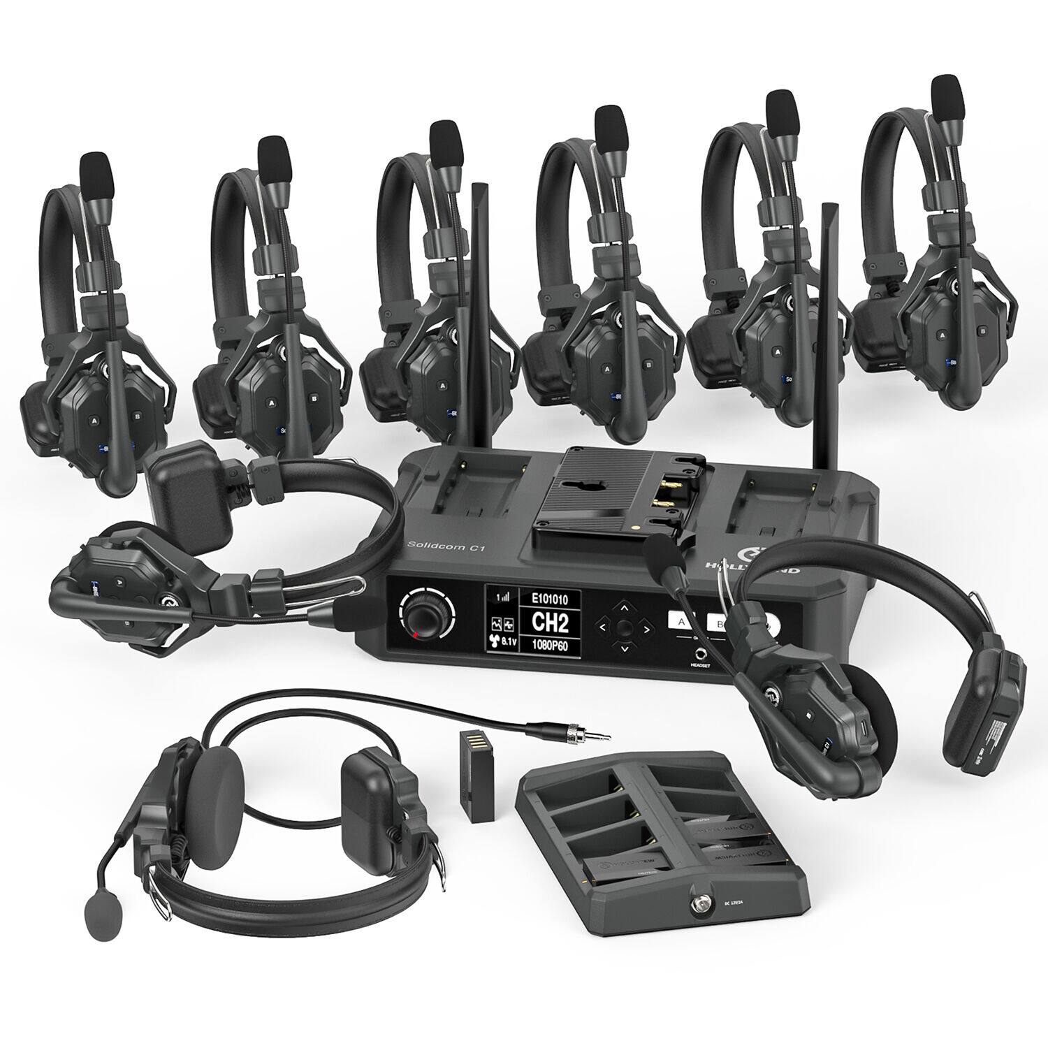 HOLLYLAND - Solidcom C1-8S Full-Duplex Wireless DECT Intercom System with 8 Headsets - Black