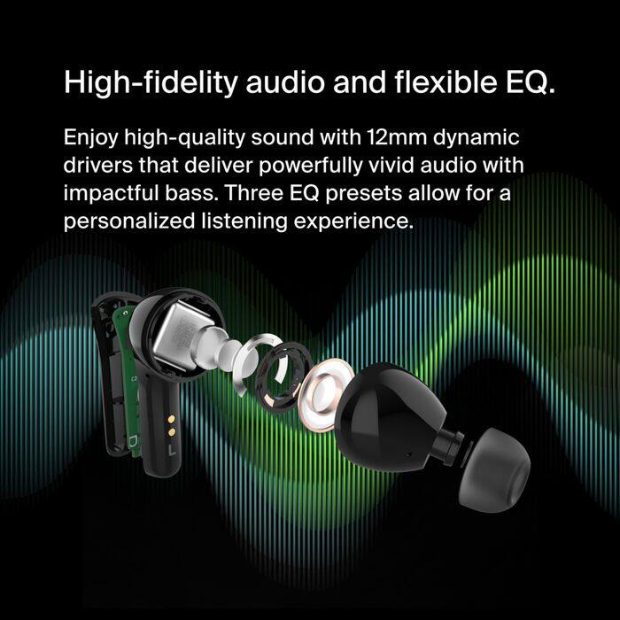 High-fidelity audio and flexible EQ.

Enjoy high-quality sound with 12mm dynamic drivers that deliver powerfully vivid audio with impactful bass. Three EQ presets allow for a personalized listening experience.