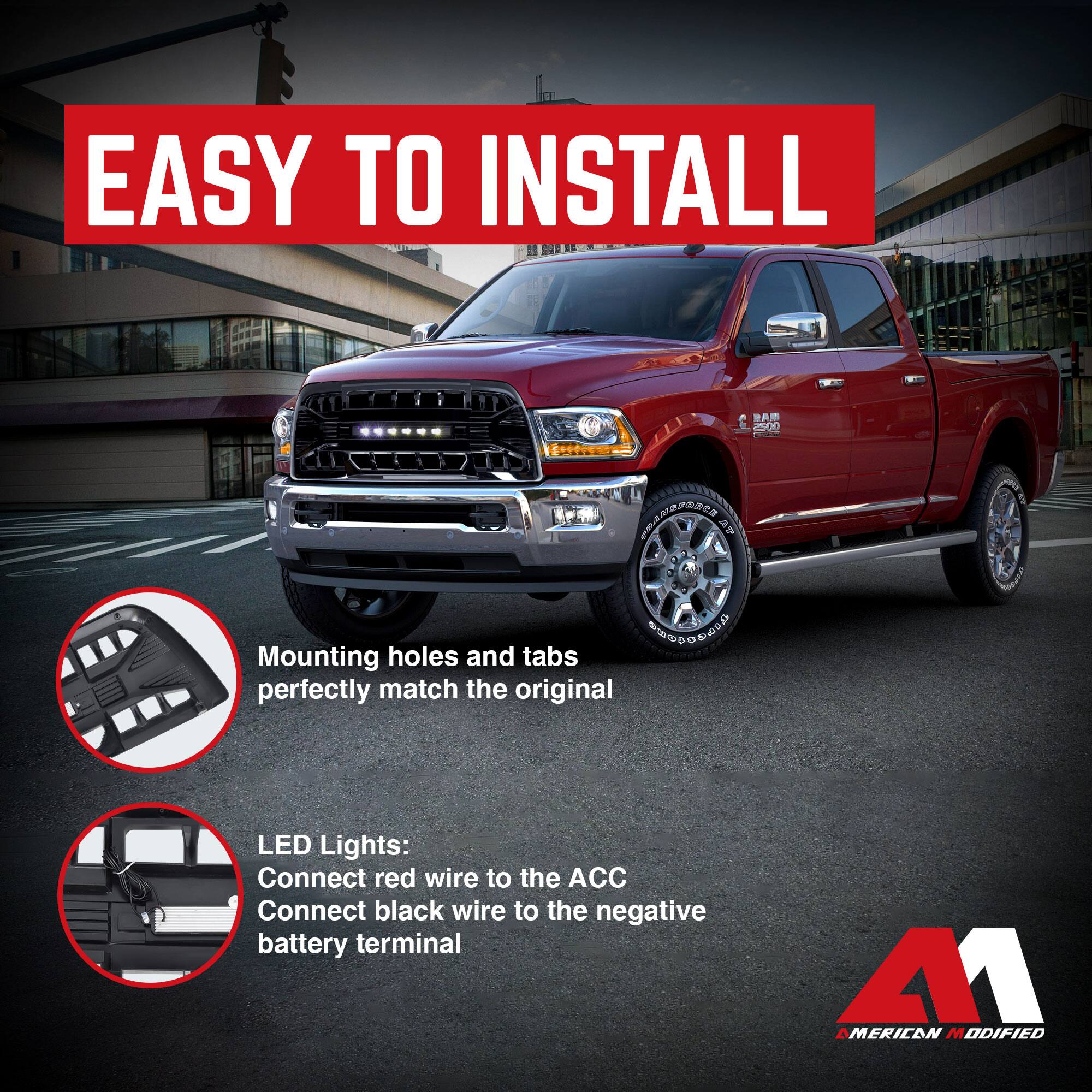 EASY TO INSTALL

Mounting holes and tabs perfectly match the original

LED Lights:
Connect red wire to the ACC
Connect black wire to the negative battery terminal

A1
AMERICAN MODIFIED