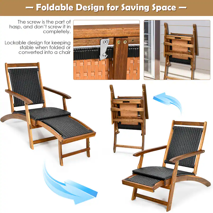 Converted Chair Costway Patio Folding Rattan Lounge Chair Wooden Frame W/ Retractable ...