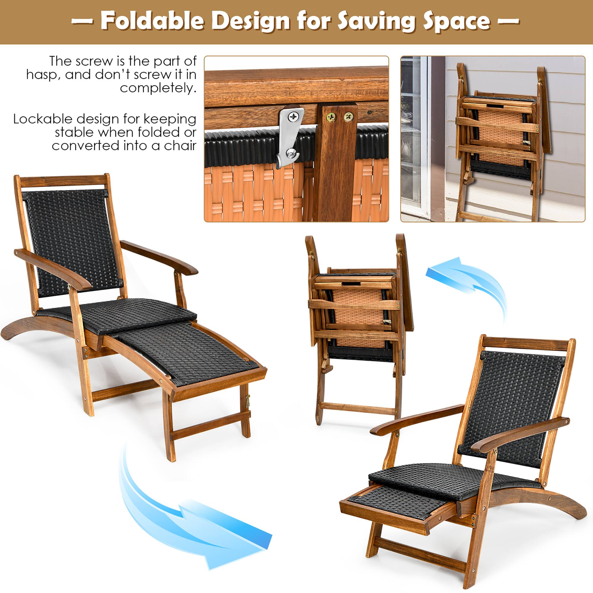 Foldable Design for Saving Space: The screw is the part of the hasp, and it should not be screwed in completely. The lockable design ensures stability when folded or converted into a chair.