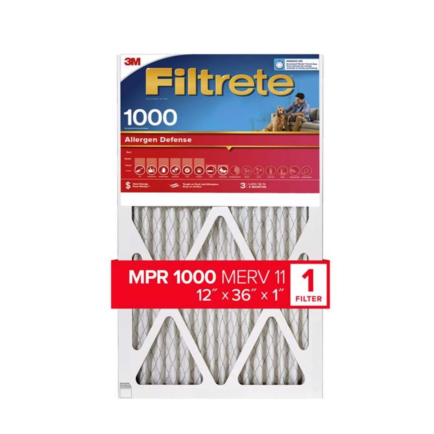 Filtrete - 12 in. W X 36 in. H X 1 in. D 1000 MPR Pleated Allergen Air Filter 1 pk