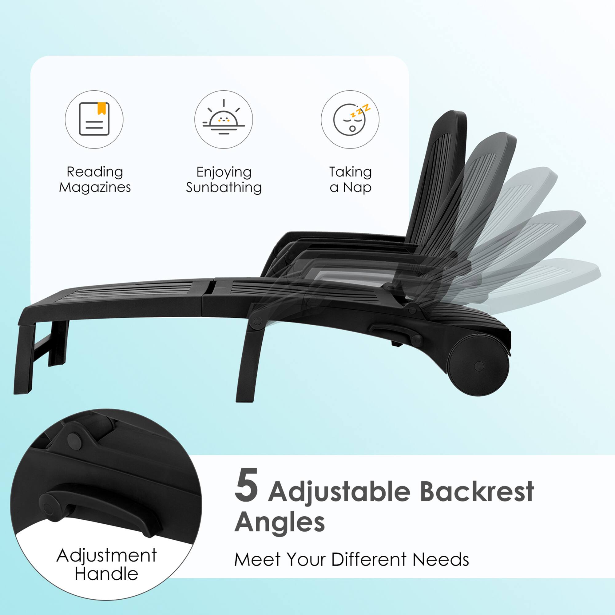 Reading Magazines, Enjoying Sunbathing, Taking a Nap, 5 Adjustable Backrest Angles, Meet Your Different Needs, Adjustment Handle