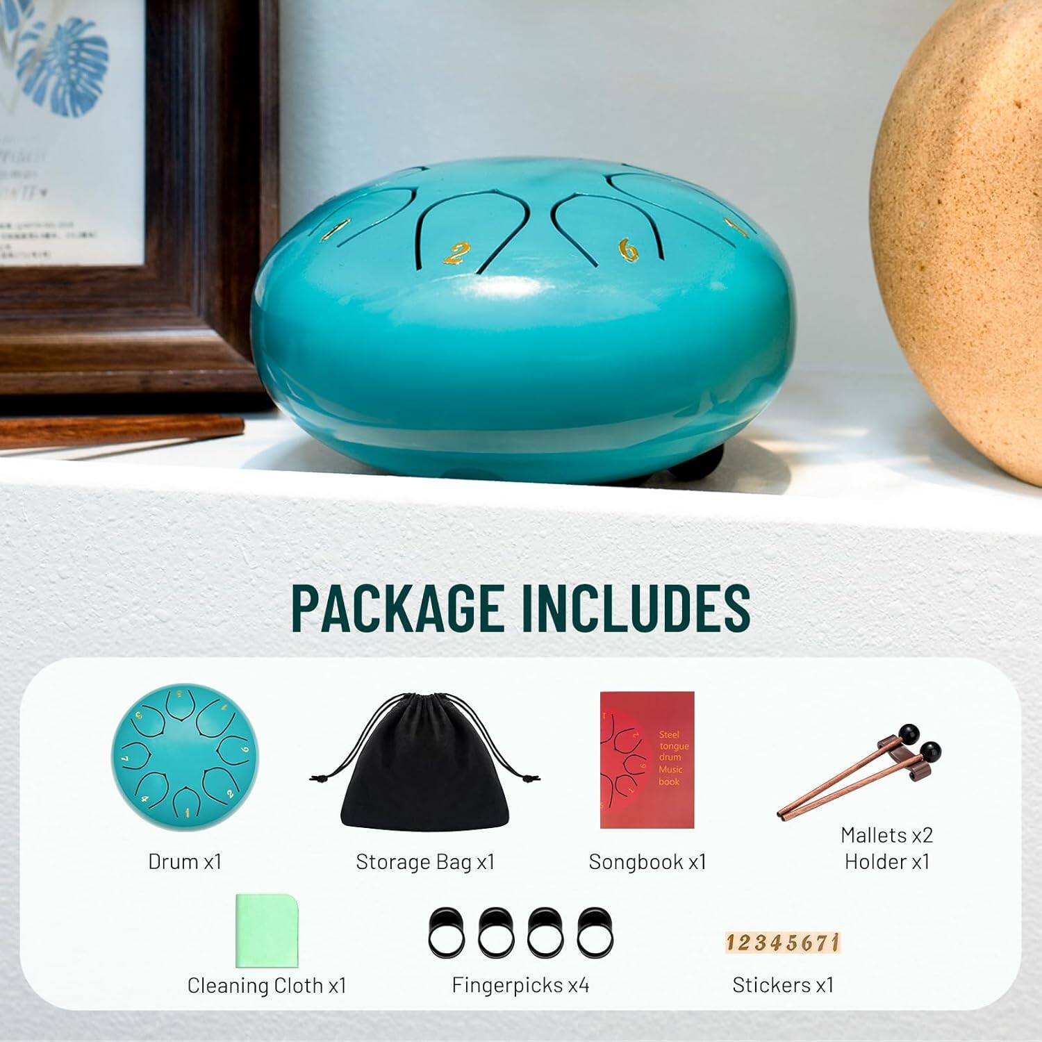 PACKAGE INCLUDES  
- Drum x1  
- Storage Bag x1  
- Songbook x1  
- Mallets x2  
- Holder x1  
- Cleaning Cloth x1  
- Fingerpicks x4  
- Stickers x1