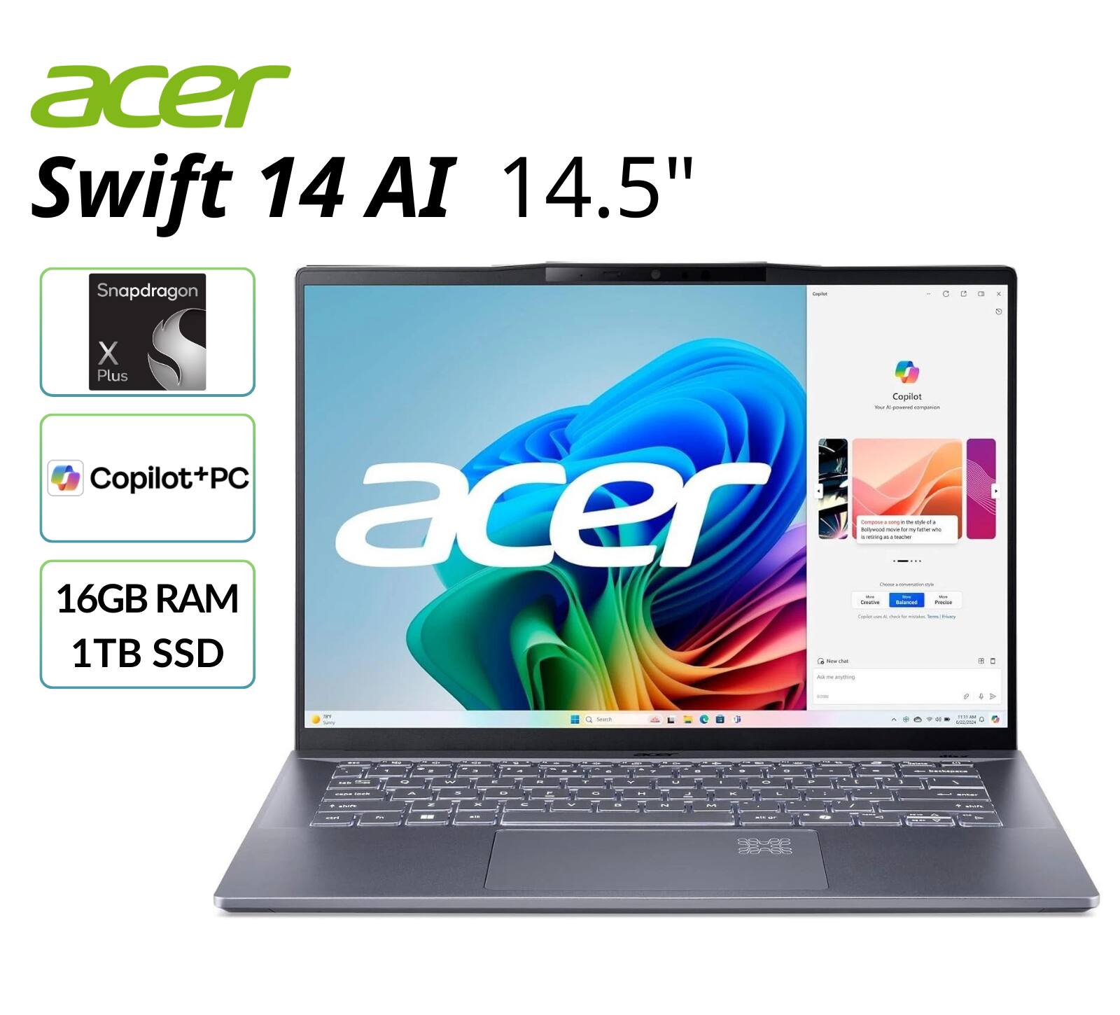 acer Swift 14 AI 14.5" Snapdragon X Plus Copilot+PC 16GB RAM 1TB SSD
