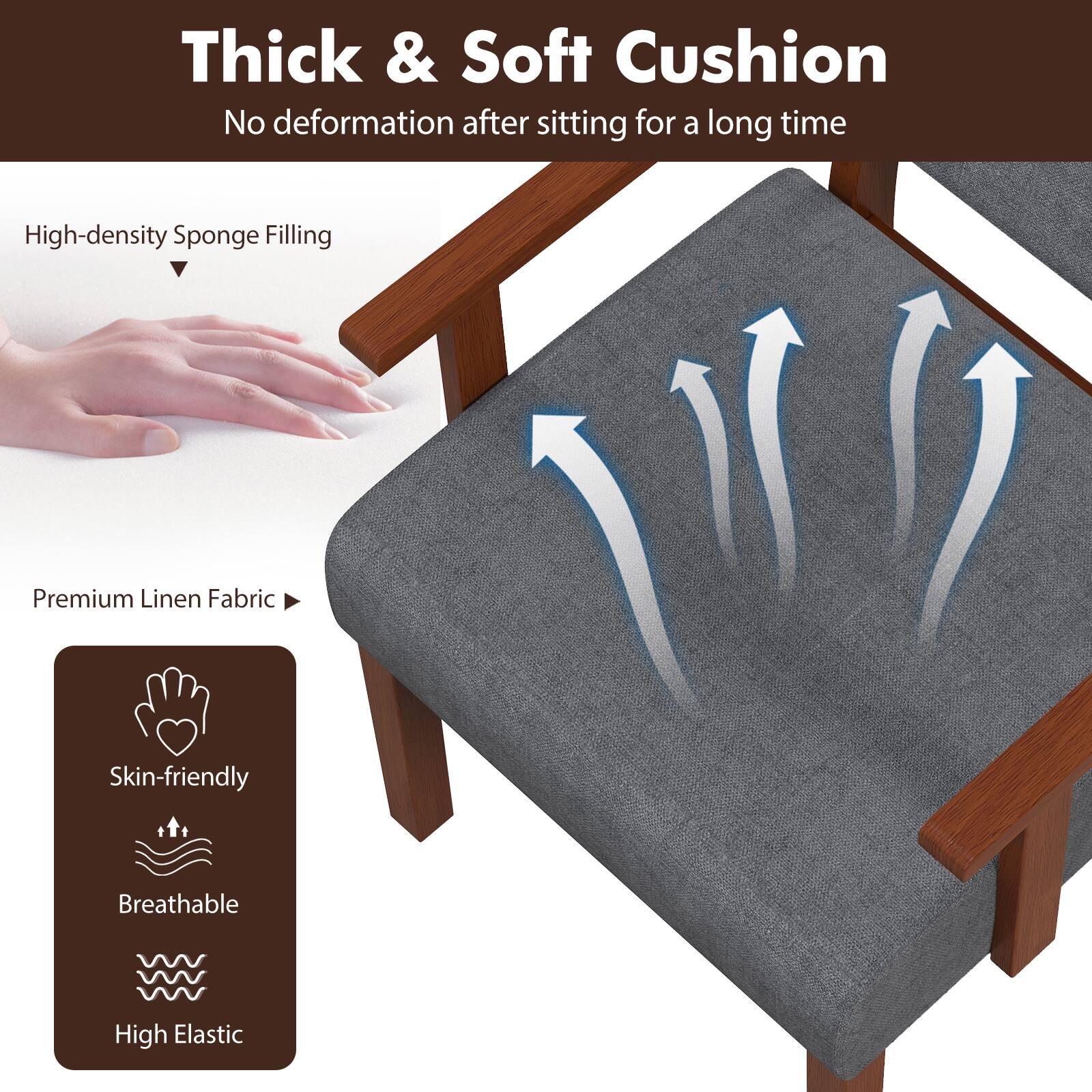 Thick & Soft Cushion, No deformation after sitting for a long time, High-density Sponge Filling, Premium Linen Fabric, Skin-friendly, Breathable, High Elastic