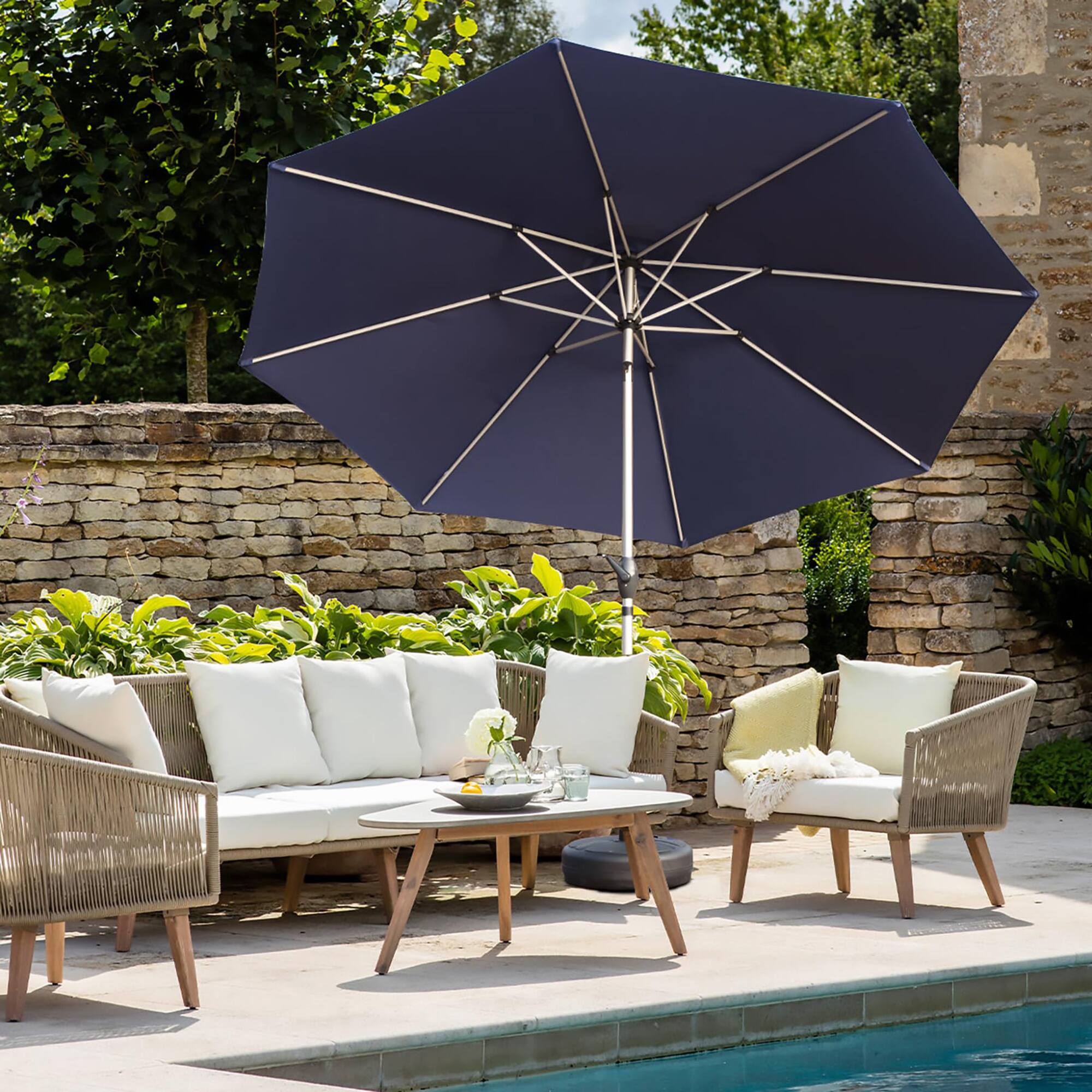 Left. Mondawe - 10FT Patio Umbrella with Push Button Tilt and Crank - Navy Blue.