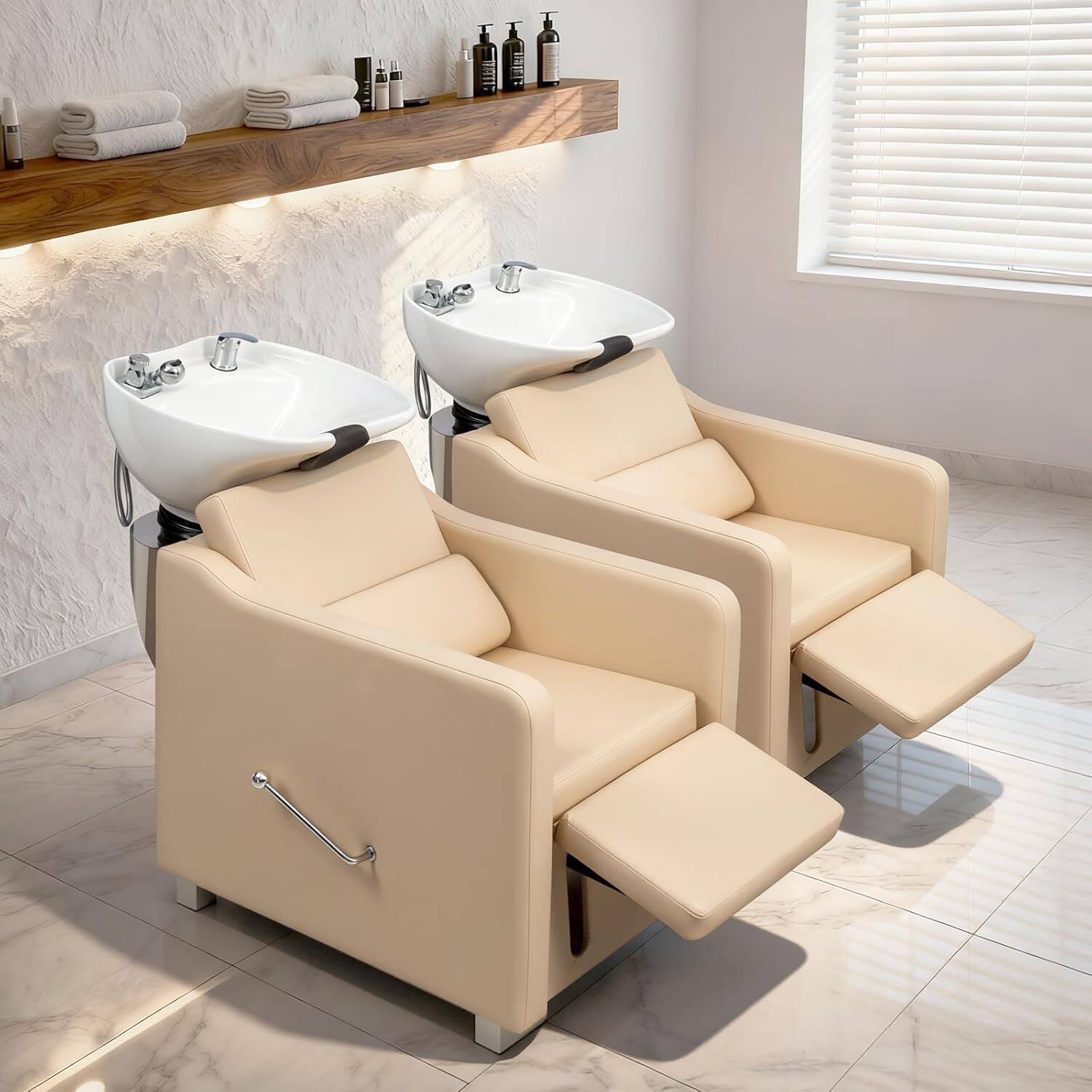 Angle. Winado - Ceramic Hair Wash Bowl Sink with Shampoo Chair, Manual Adjustable Leg Rest & Tilting Shampoo Bowl - Beige.