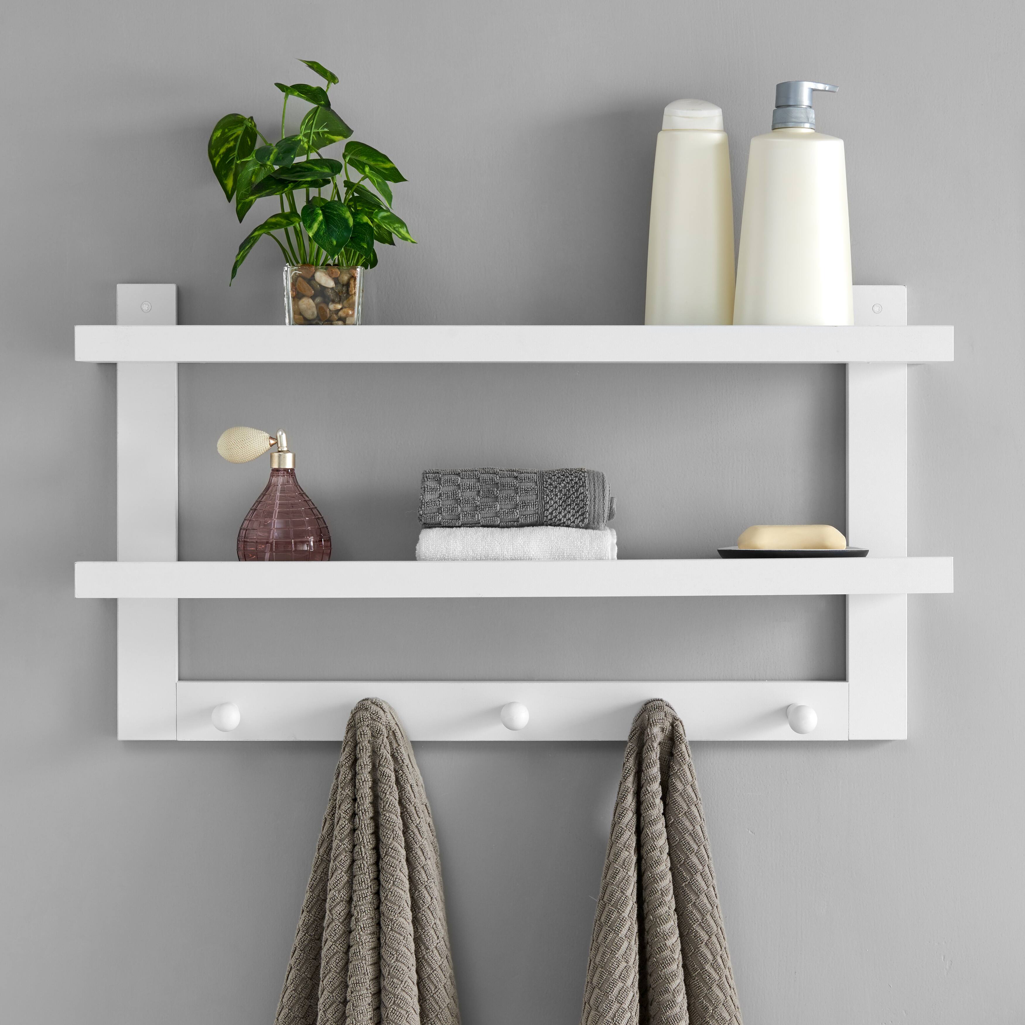 Angle. Danya B - Two-Tier Ledge Shelf Wall Organizer with Five Hanging Hooks - White - White.
