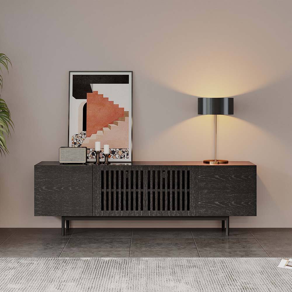 Angle. POVISON - 63" Mid-Century Modern TV Stand, Minimalist Slatted Wood TV Console with Black Tall-Cast Metal Feet, Black Oak - Black.