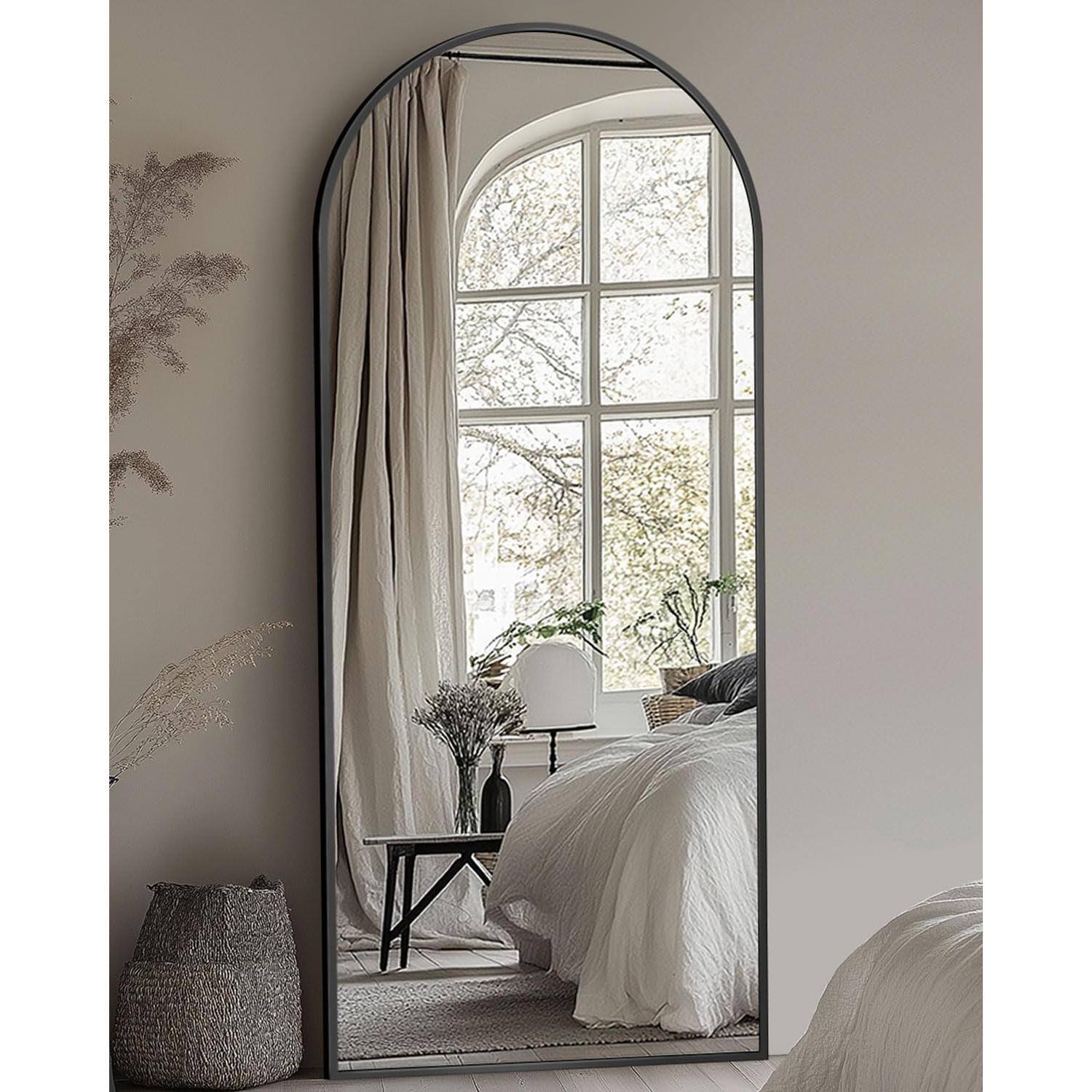 Left. Cedar Assembly - Full Length Mirror With Stand 58"x18" Arched Body Up Aluminum Frame Floor Freestanding Hanging Leaning Mo... - Black-78"L x 38"W.