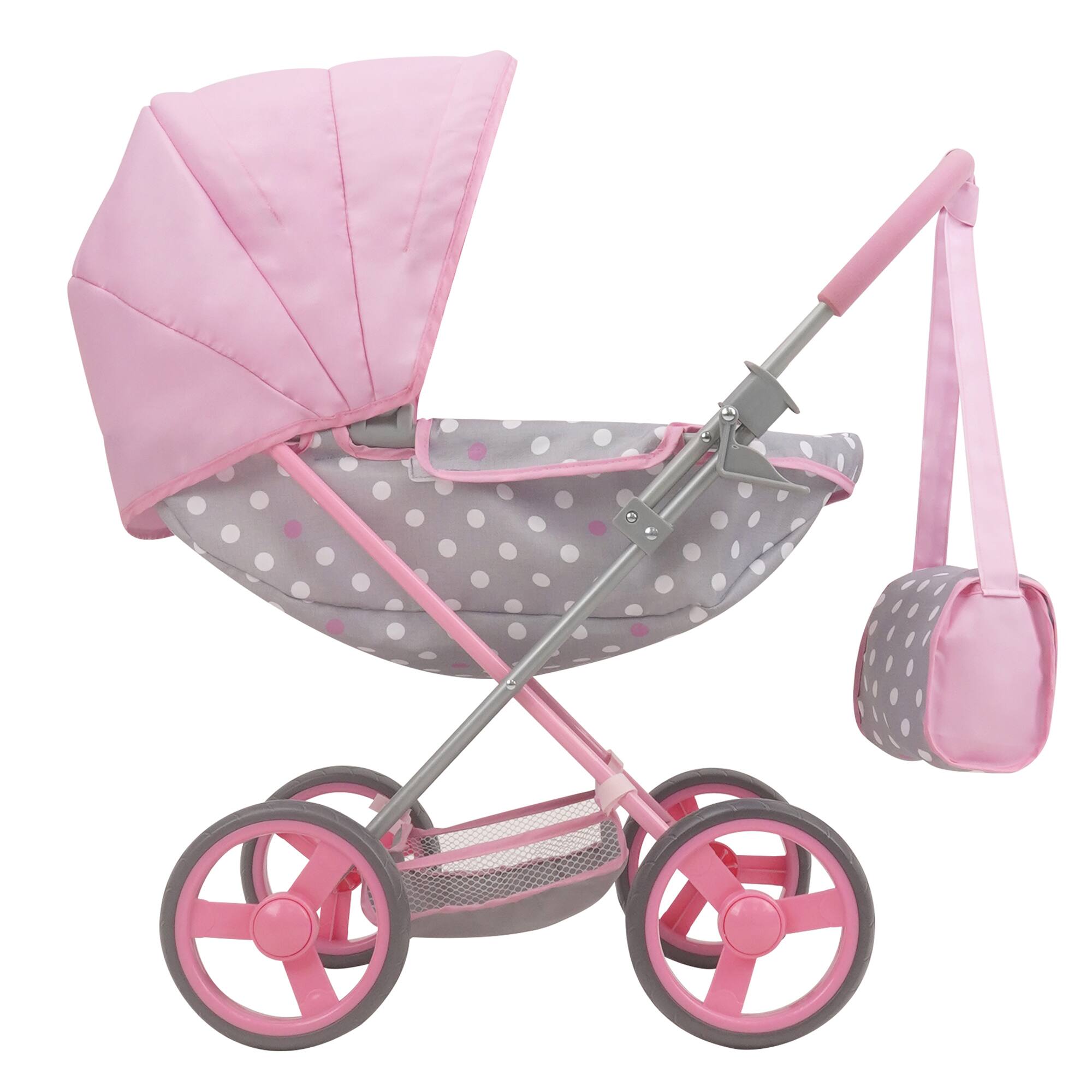 Left. 509 Crew - 509 Crew - Cotton Candy Pink Doll Deluxe Pram in Grey Polka Dots-Dolls 18''.
