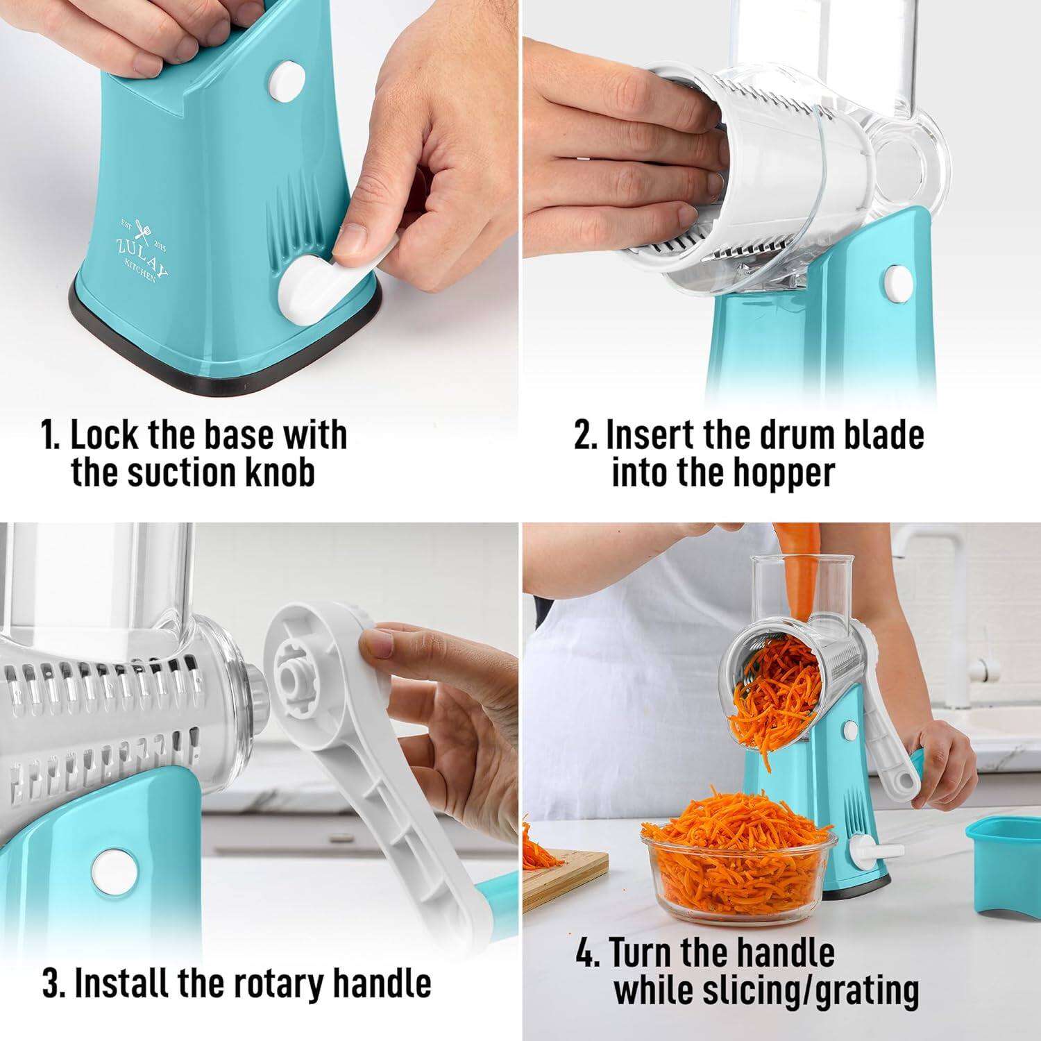 1. Lock the base with the suction knob  
2. Insert the drum blade into the hopper  
3. Install the rotary handle  
4. Turn the handle while slicing/grating
