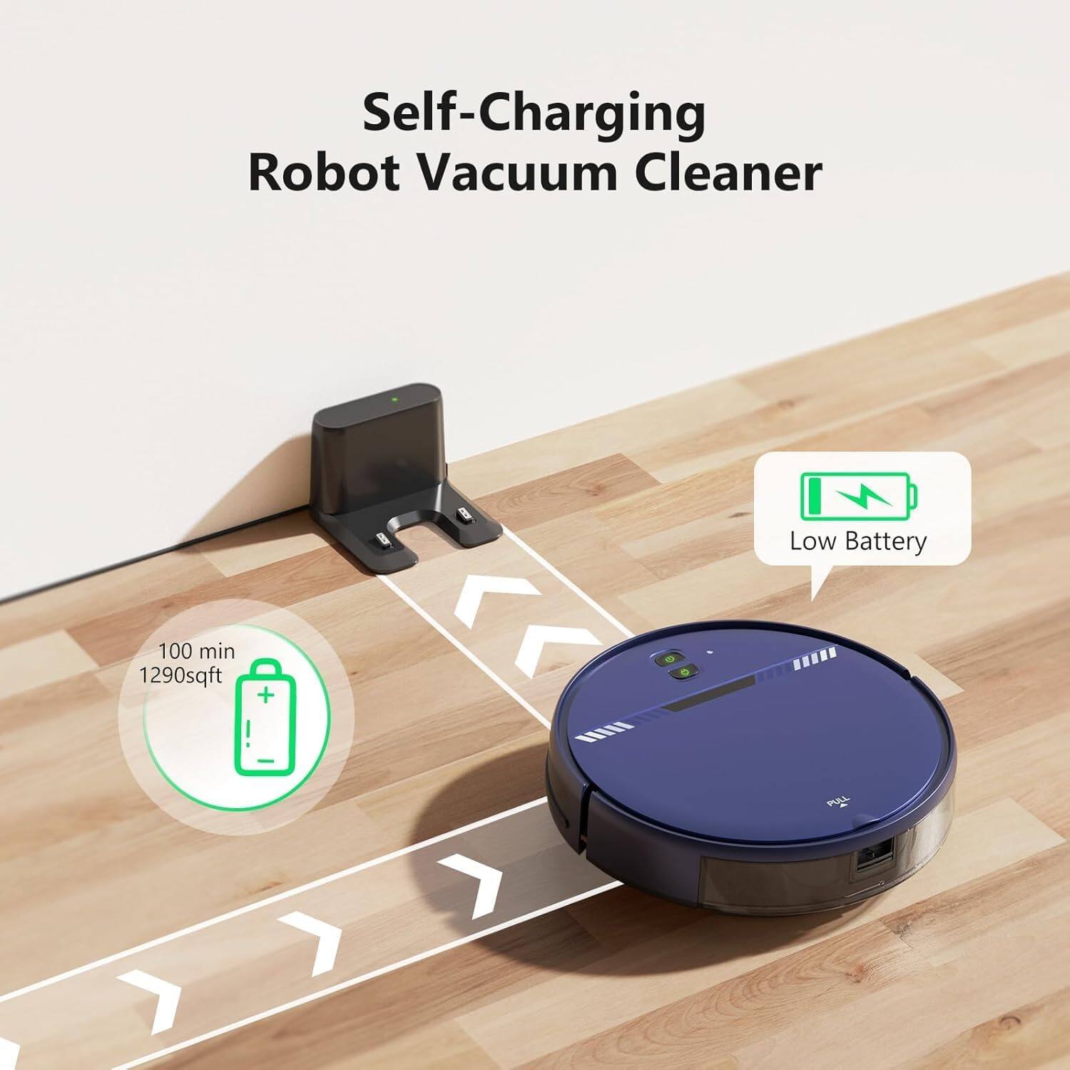 Self-Charging Robot Vacuum Cleaner, Low Battery, 100 min, 1290sqft
