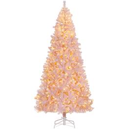 Homcom - Tall Prelit Christmas Tree Douglas Fir Artificial Christmas Tree with Realistic Branches, 500 Warm White LED Lights - Pink