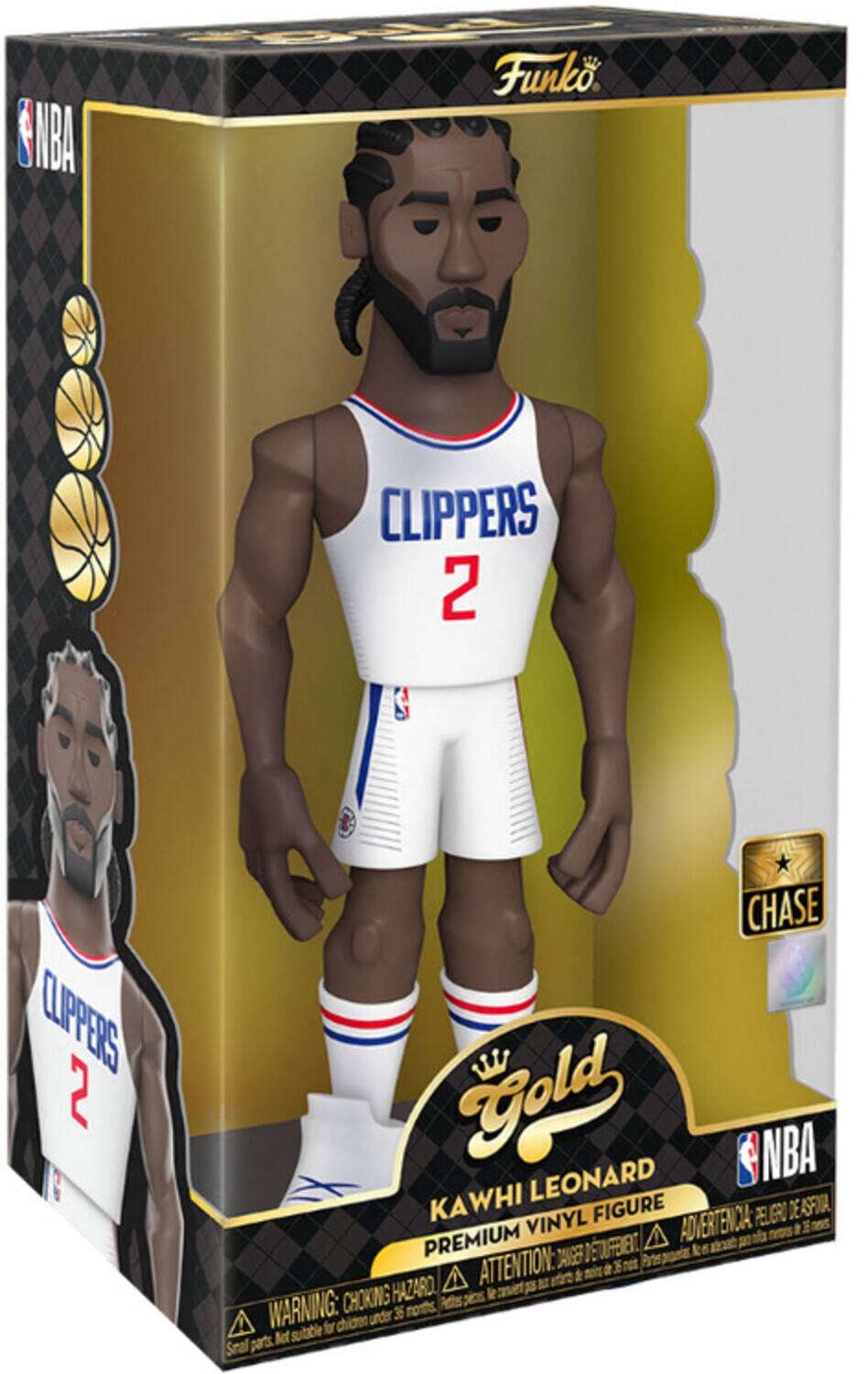 NBA Funko, CLIPPERS 2, CHASE Gold, LEONARD, NBA, KAWHI, A VINYL FIGURE, PREMIUM, DANGER, CHOKING HAZARD, WARNING: CHOKING HAZARD, ATTENTION: DANGER, parts, Not suitable for children under 36 months, Not suitable for children under 36 months.