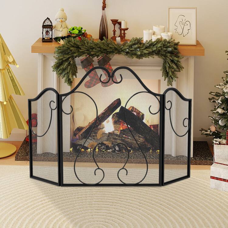 Angle. Mondawe - 3 Panel Fireplace Screen Foldable Spark Guard Cover with Decorative Scroll - Black.